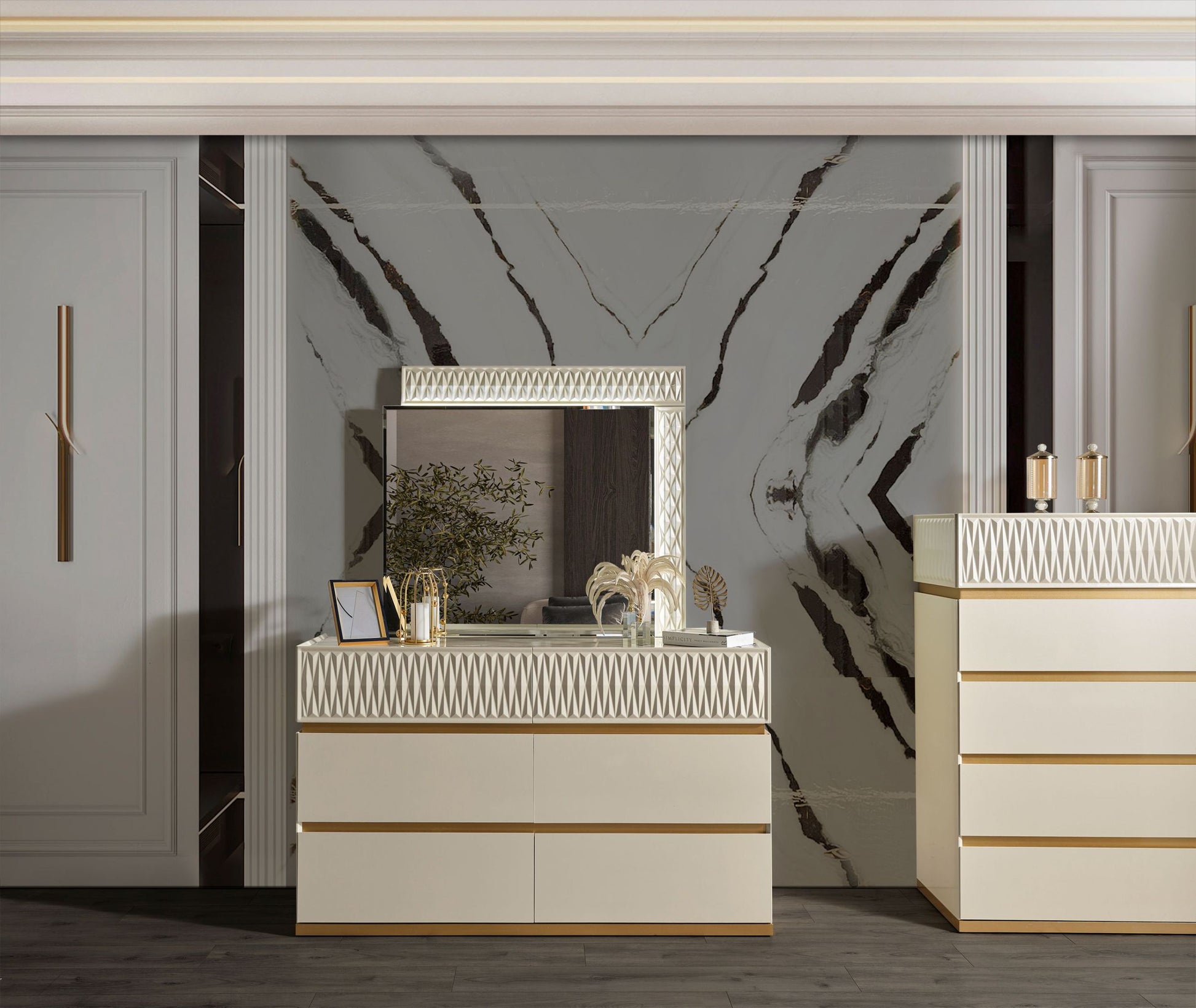 Delfano Modern Style 6 Drawer Dresser Made With Wood In Beige Beige Bedroom Contemporary,Modern Solid Wood Mdf Wood