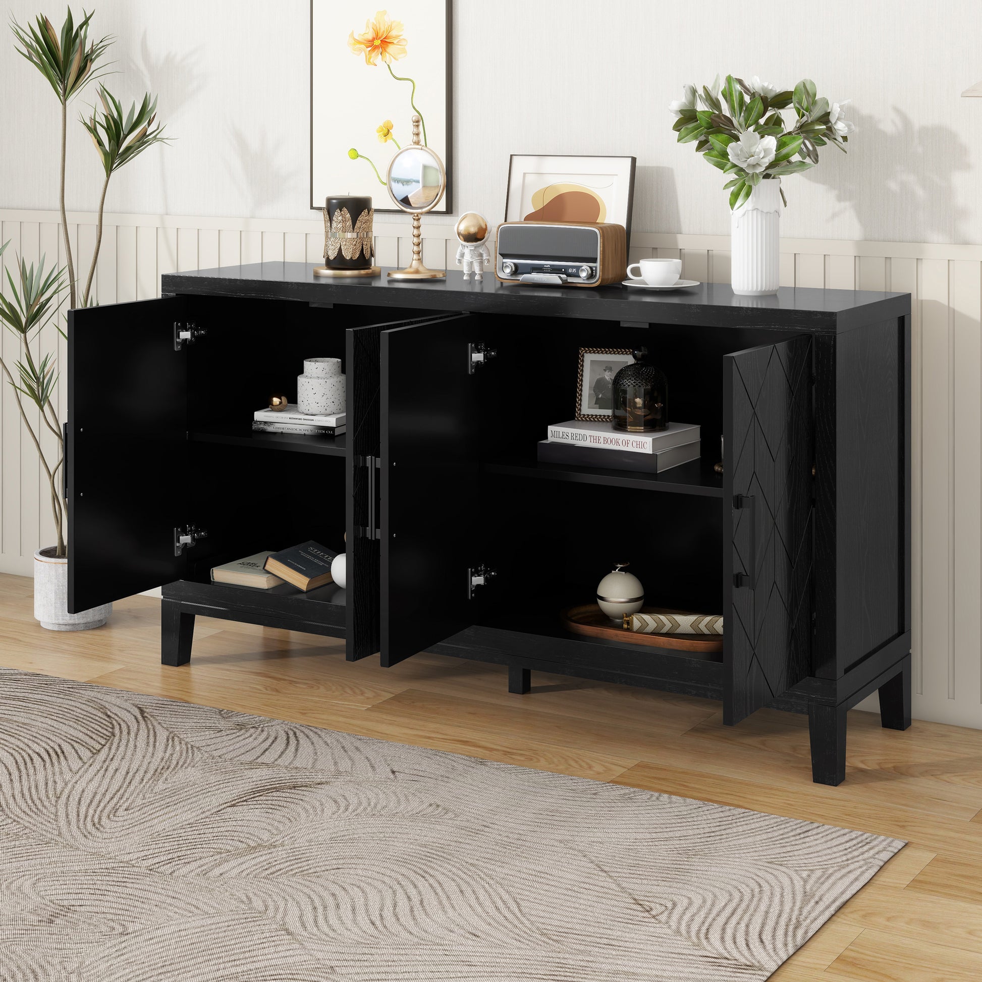 4 Door Retro Sideboard With Adjustable Shelves, Two Large Cabinet With Long Handle, For Living Room And Dining Room Black Black Mdf