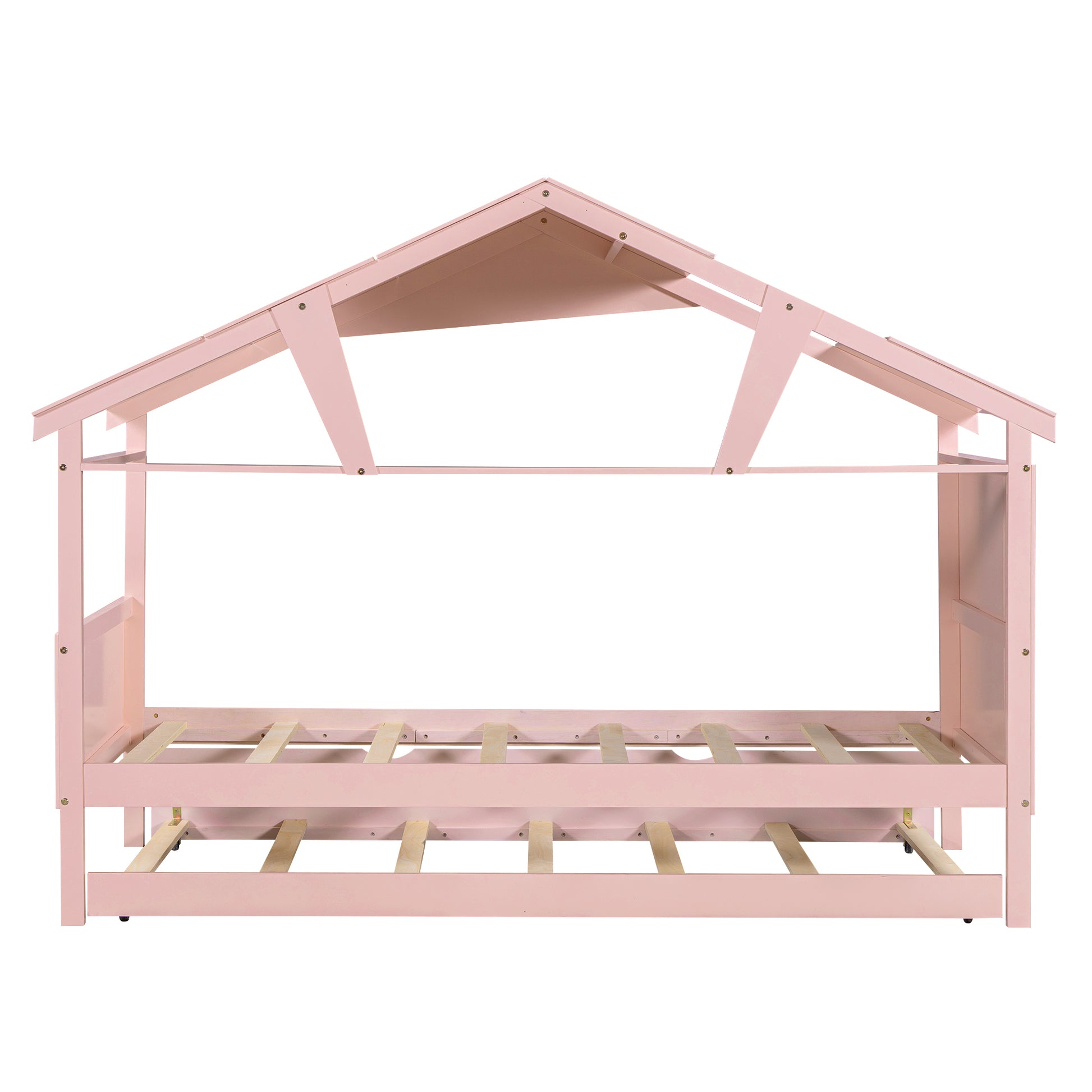 Wood Twin Size House Bed With Trundle And Storage, Pink Box Spring Not Required Twin Pink Wood Bedroom Bed Frame Solid Wood Mdf