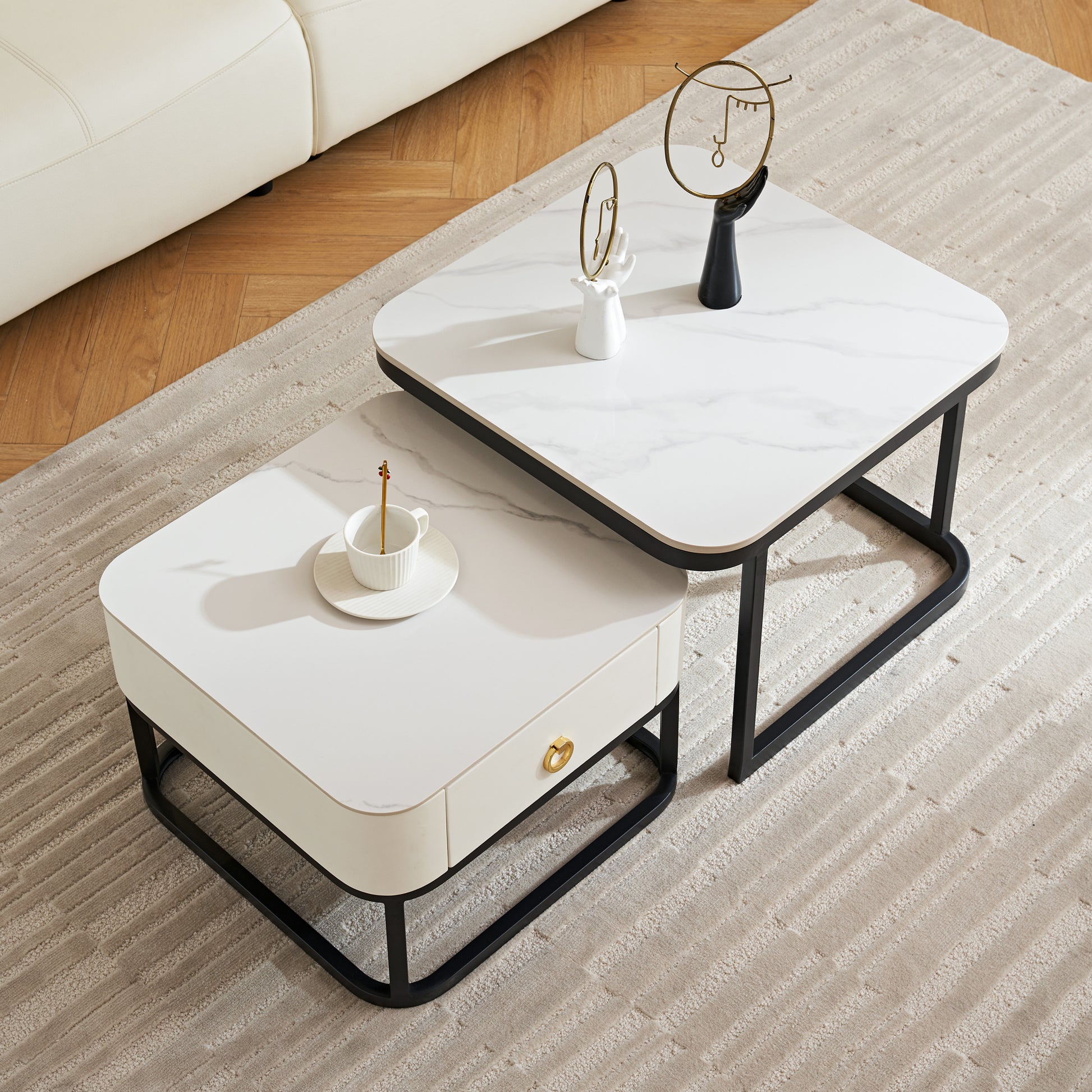 Modern Marble Nesting Table, Coffee Table Set Of 2 End Table For Living Room,Stacking Side Tables, For Living Room Bedroom, Accent Tea Table With Metal Frame, Sturdy And Easy Assembly, Black Black Sintered Stone