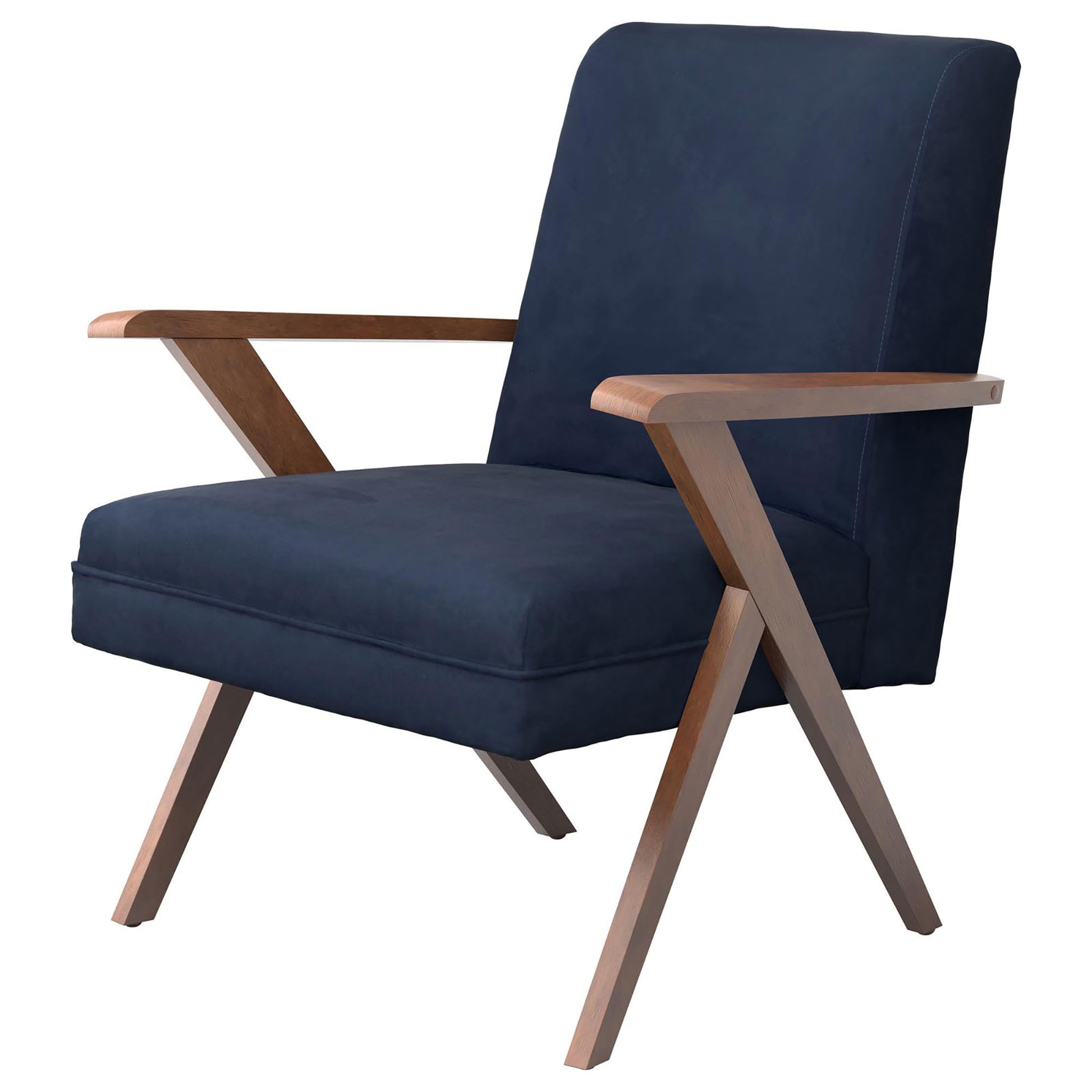 Dark Blue And Walnut Wooden Arms Accent Chair Blue Primary Living Space Mid Century Modern Rubberwood Foam Upholstered