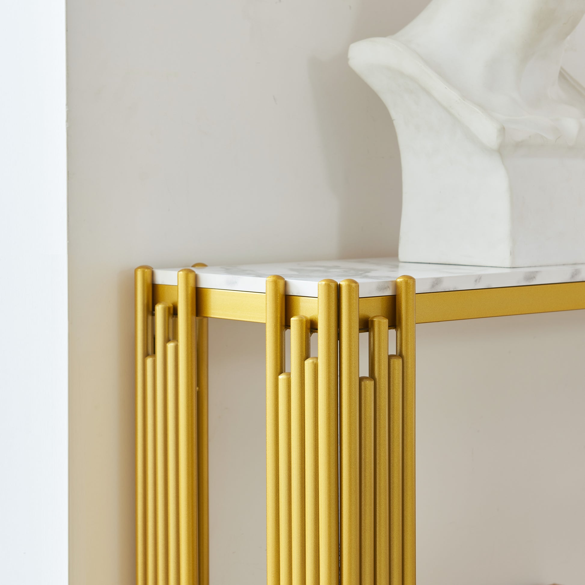 2 Tier Faux Marbling Console Table, Living Room Sofa Table, Modern Narrow Entryway Table, Hallway Entrance Table, Adjustable Feet, For Entrance, Hallway,Gold Gold Primary Living Space Rectangular Open Storage Coffee & End Tables Mdf Metal