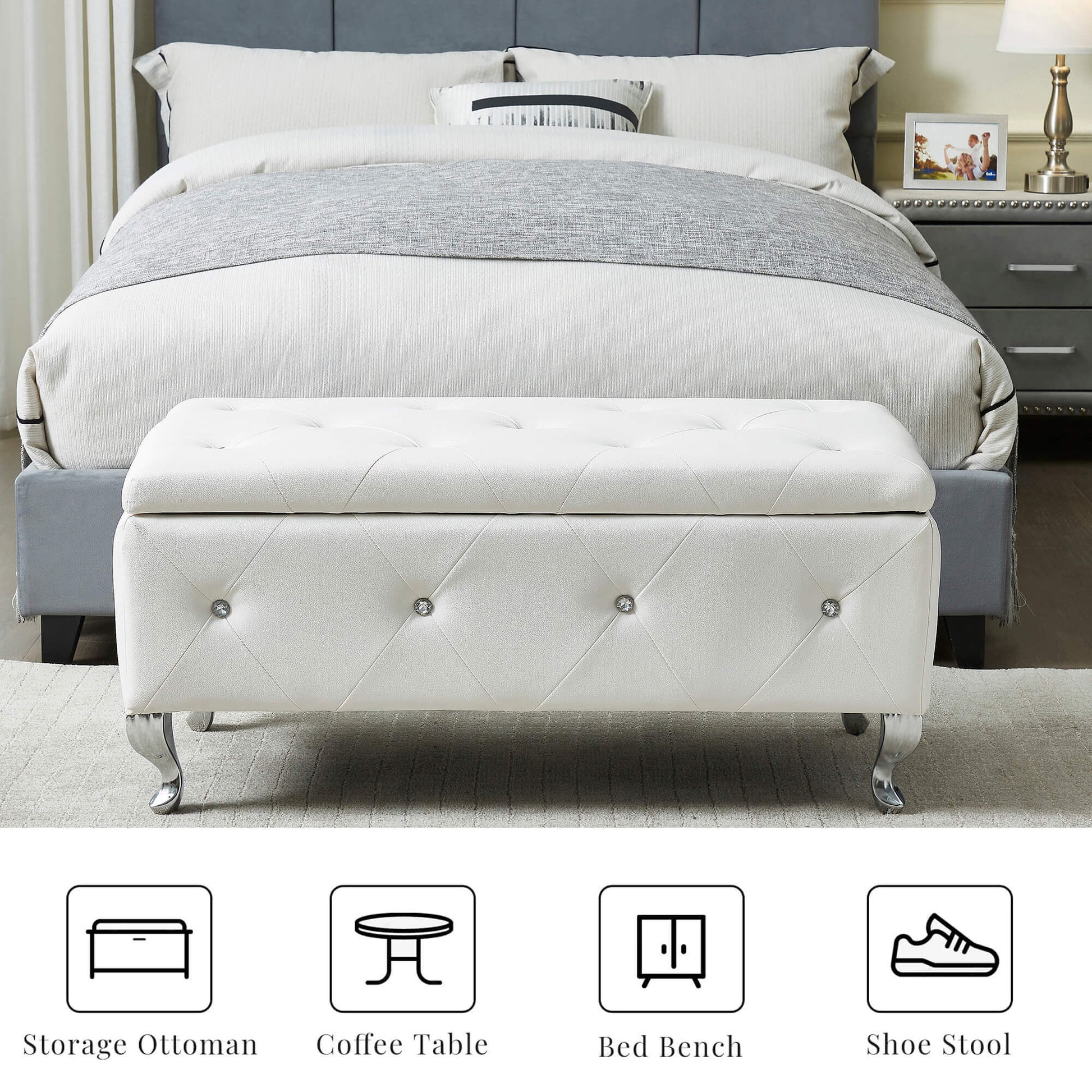 Upholstered Storage Ottoman Bench For Bedroom End Of Bed Faux Leather Rectangular Storage Benches Footrest With Crystal Buttons For Living Room Entryway White White Bedroom Black Pine Wood White Pu Vanity Stools Faux Leather Rectangular American