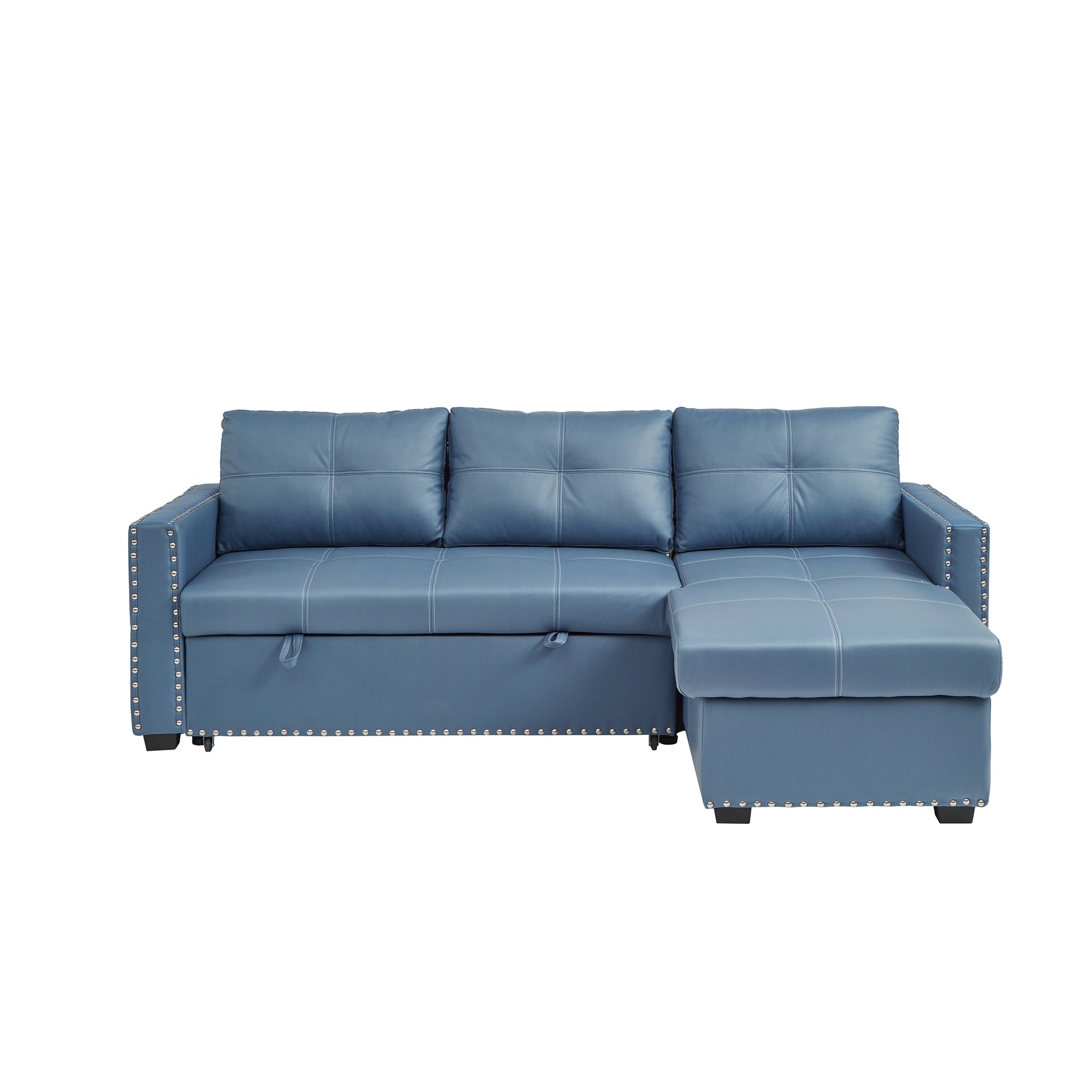 88" Convertible Pull Out Sofa Bed with Storage Chaise blue-microfiber