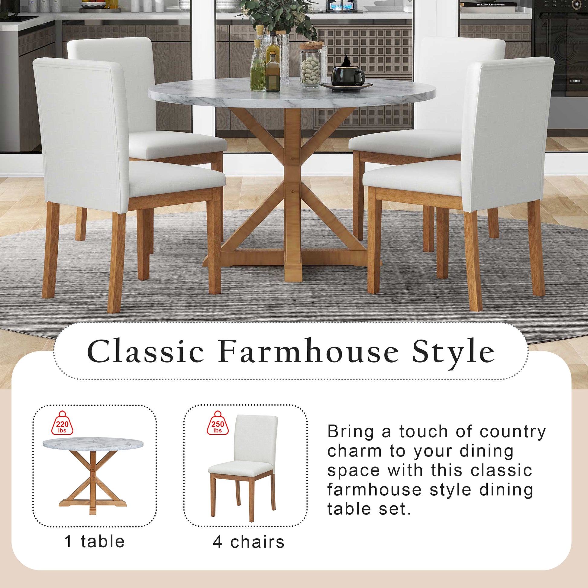 5 Piece Farmhouse Style Dining Table Set, Marble Sticker And Cross Bracket Pedestal Dining Table, And 4 Upholstered Chairs White Walnut Upholstered Chair Wood White Walnut Seats 4 Wood Dining Room