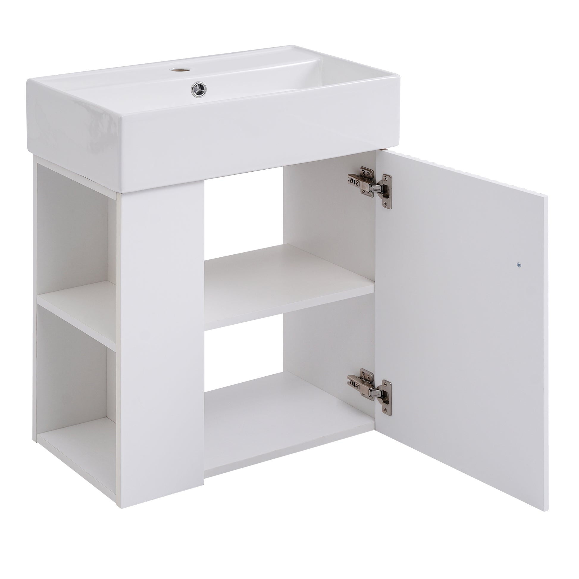 Video 21.6Inch Modern Floating Bathroom Vanity With Ceramic Basin Perfect For Small Bathrooms, Left Side Storage White Ceramic Mdf