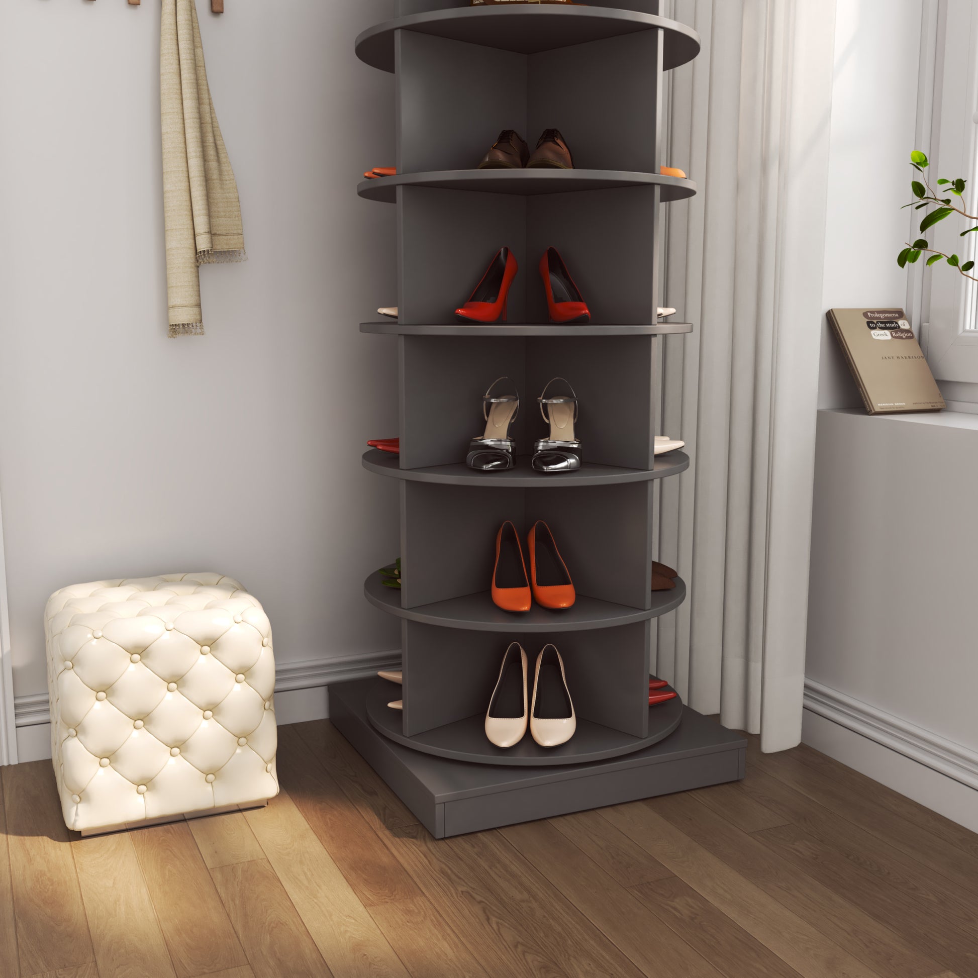 Grey 360 Rotating Shoe Cabinet 6 Layers Grey American Design,American Traditional,Antique Mdf