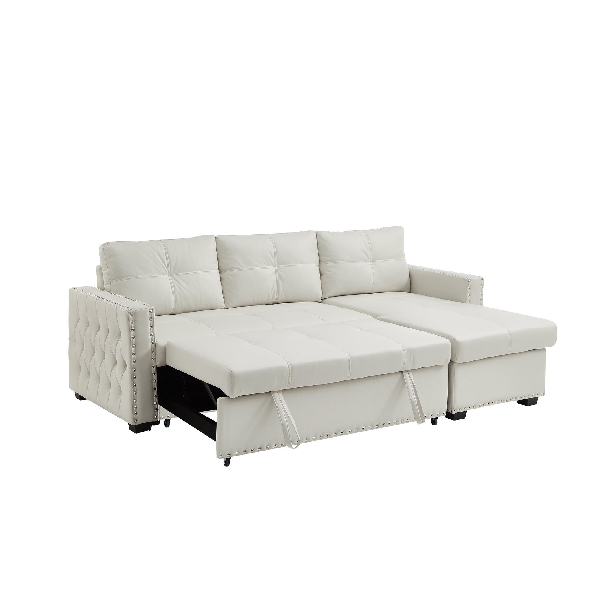 88" Convertible Pull Out Sofa Bed with Storage Chaise beige-microfiber