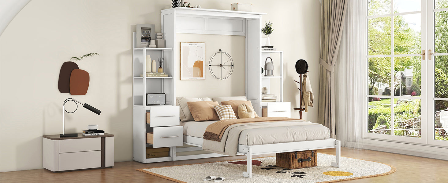 Full Size Murphy Bed Wall Bed With Shelves, Drawers And Led Lights,White White Mdf Lvl