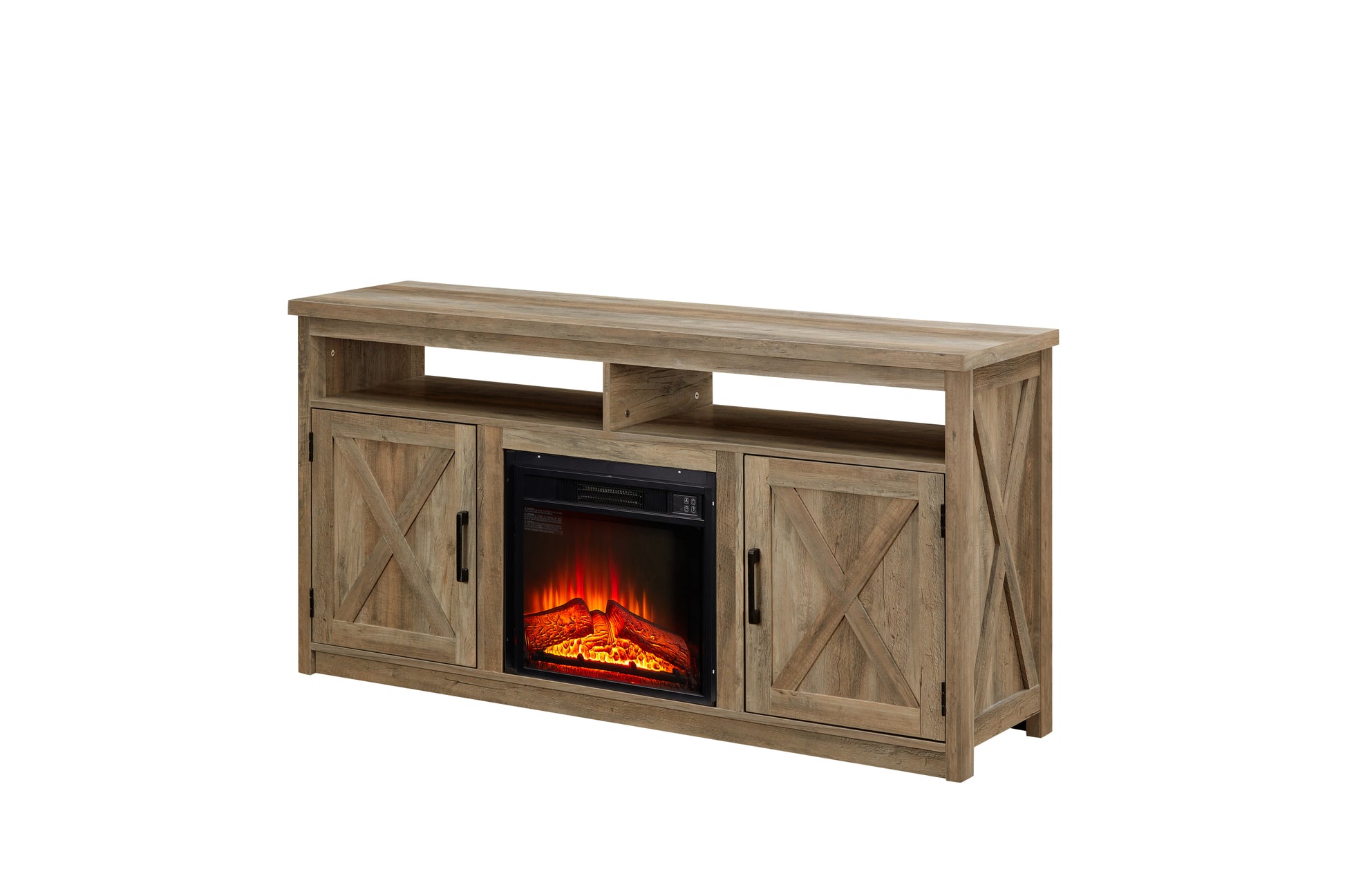 Farmhouse Tv Media Stand, Large Barn Inspired Home Entertainment Console, With 18" Fireplace Insert, For Tv Up To 65'', With Open Shelves And Closed Cabinets, Gray Wash 57.87*15.75*30.31 Gray Wash 50 59 Inches Mdf