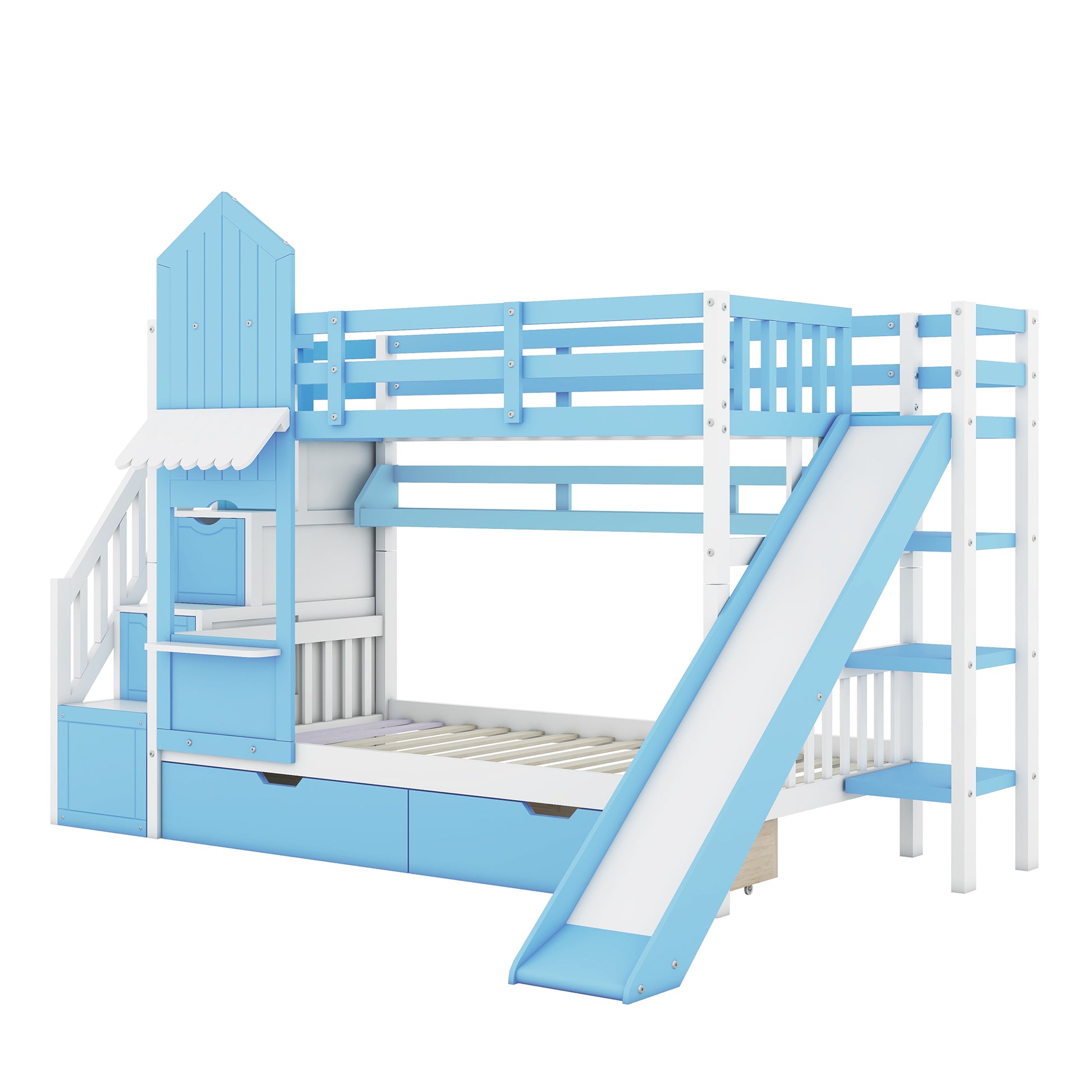 Twin Over Twin Castle Style Bunk Bed With 2 Drawers 3 Shelves And Slide Blue Blue Solid Wood