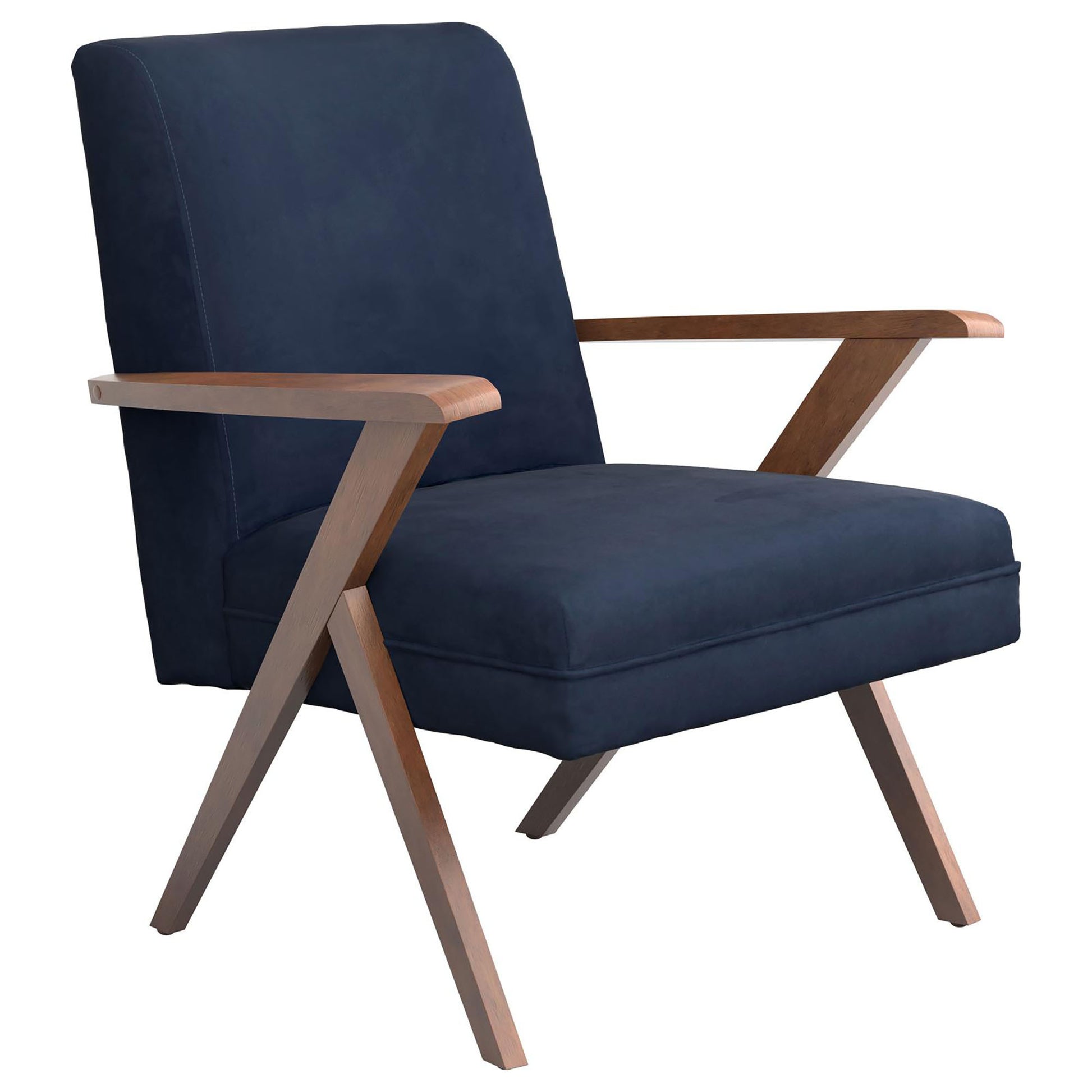 Dark Blue And Walnut Wooden Arms Accent Chair Blue Primary Living Space Mid Century Modern Rubberwood Foam Upholstered