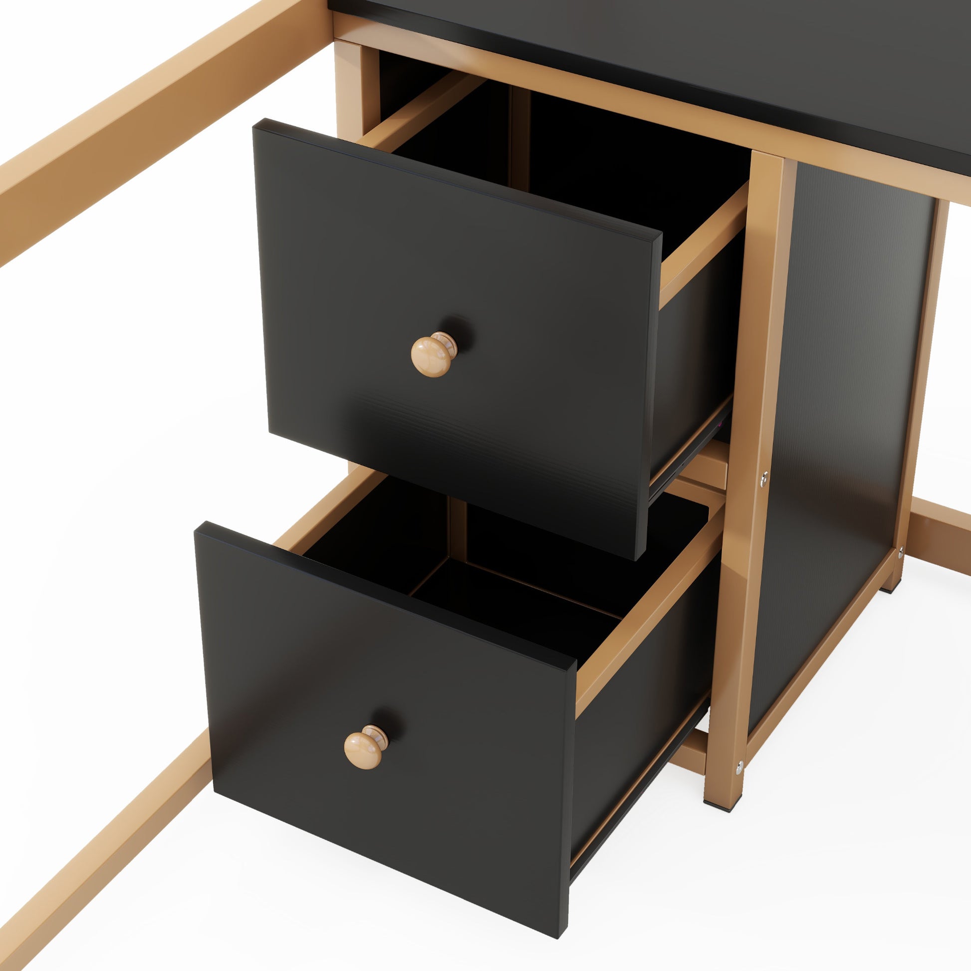 Full Size Metal Loft Bed With Desk, Drawers And Bedside Tray, Charging Station, Usb And Socket Full Gold Black Mdf Metal