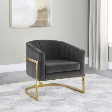 Dark Grey And Gold Tufted Barrel Accent Chair Grey Dining Room Contemporary,Modern Accent Chairs Solid Back Foam Upholstered