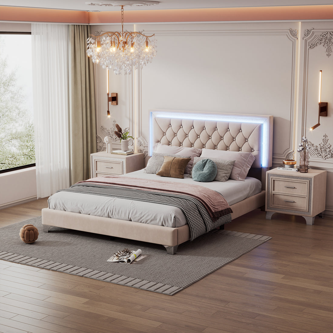 3 Pieces Bedroom Sets,Queen Size Upholstered Platform Bed With Led Lights And Two Nightstands Beige Beige Velvet