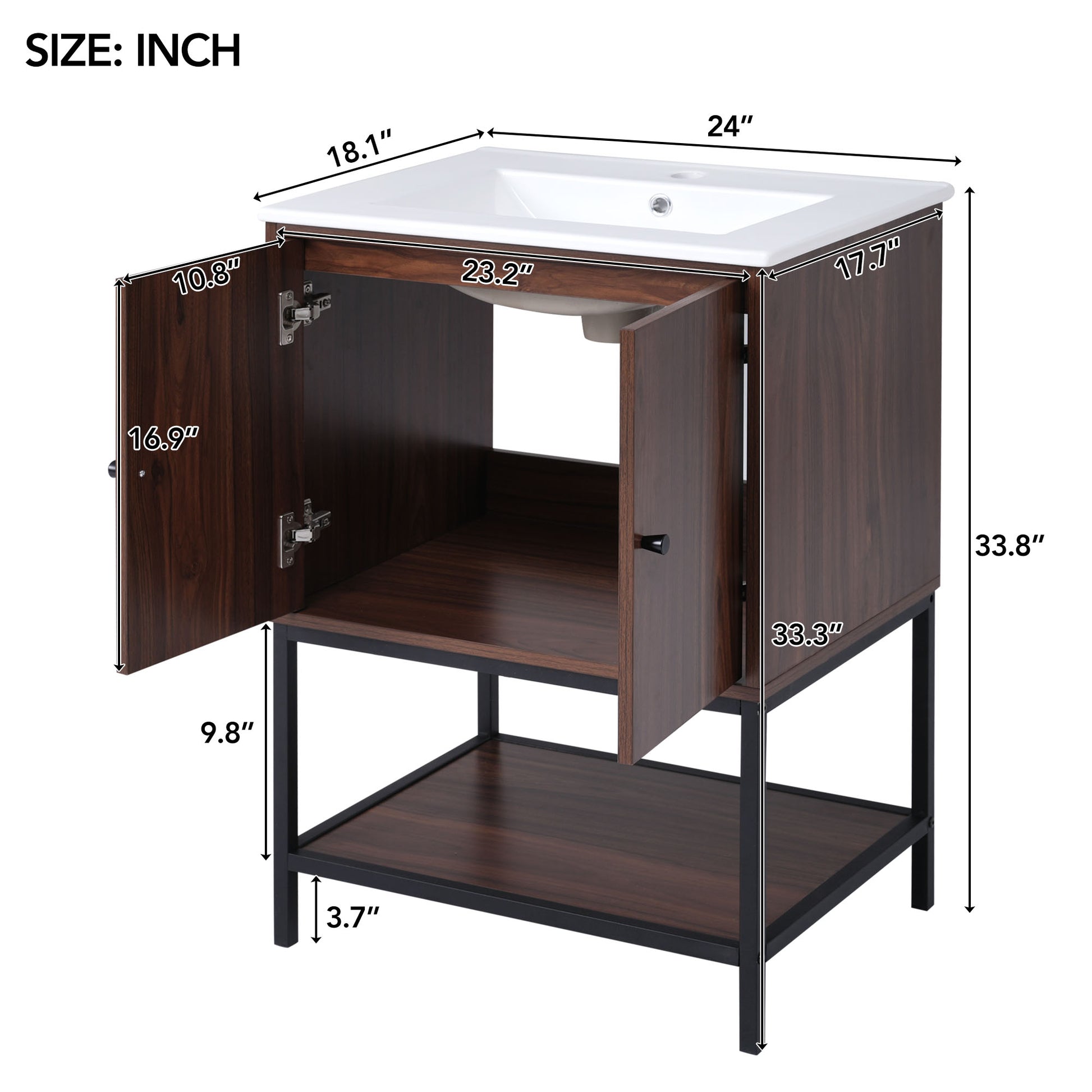 Viedo 24" Inch Walnut Finish Bathroom Vanity Cabinet With 2 Soft Close Doors, Open Storage Walnut Mdf Metal