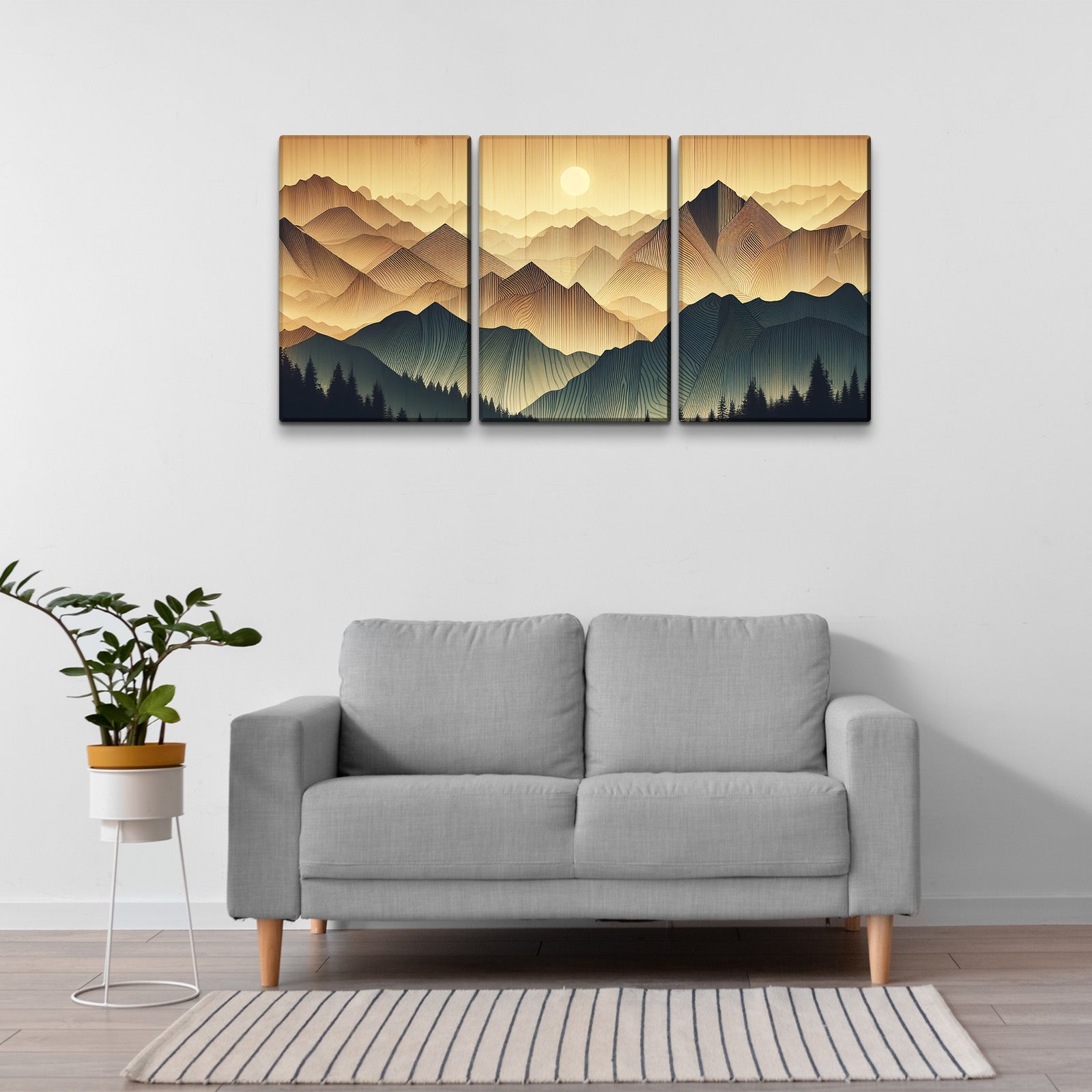 3 Panels Framed Abstract Wood Grain Boho Style Mountain & Forest Canvas Wall Art Decor,3 Pieces Mordern Canvas Decoration Painting For Office,Dining Room,Living Room, Bedroom Decor Ready To Hang