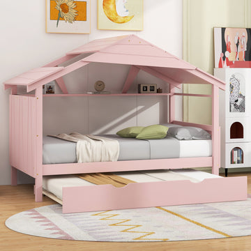 Wood Twin Size House Bed With Trundle And Storage, Pink Box Spring Not Required Twin Pink Wood Bedroom Bed Frame Solid Wood Mdf