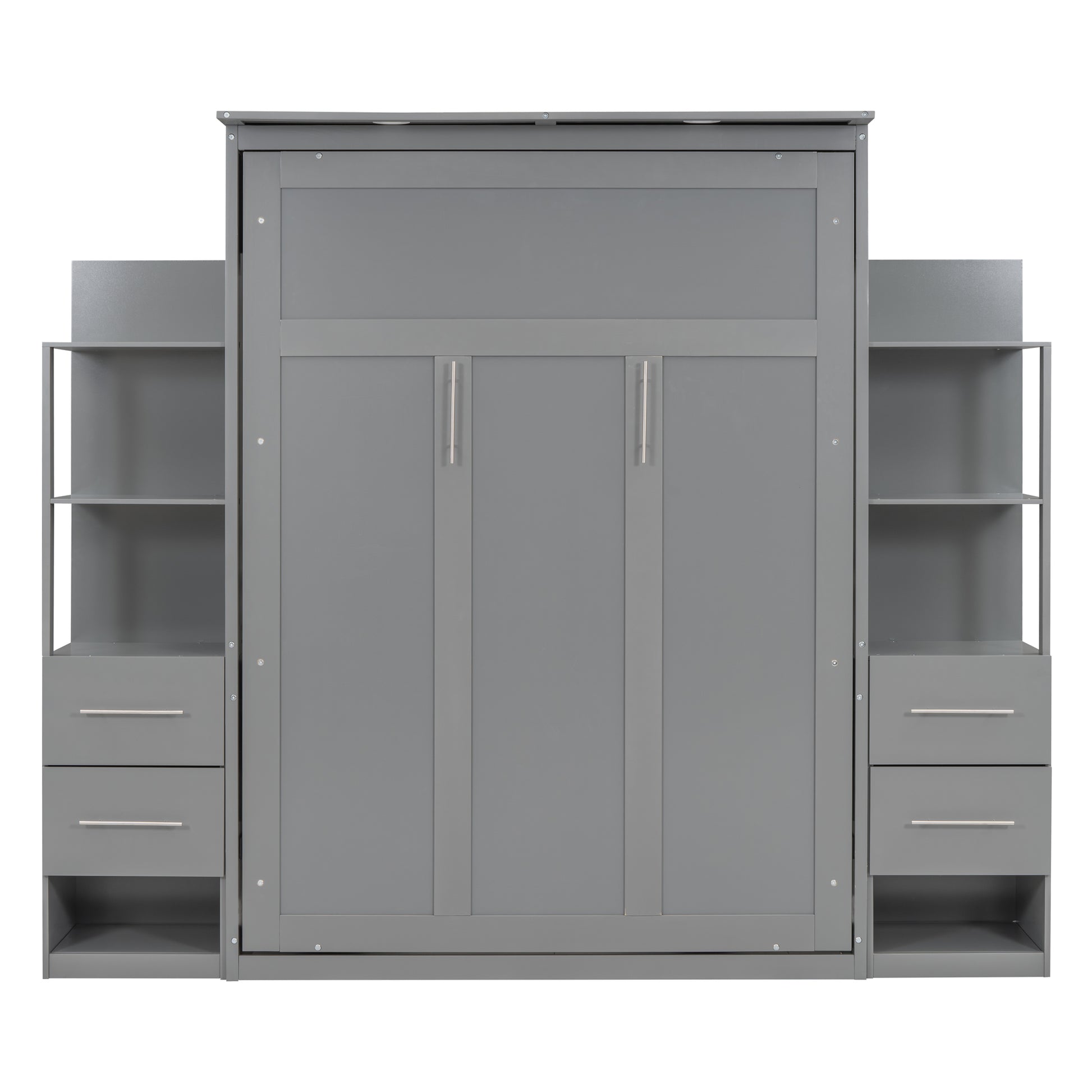 Full Size Murphy Bed Wall Bed With Shelves, Drawers And Led Lights,Gray Gray Mdf Lvl