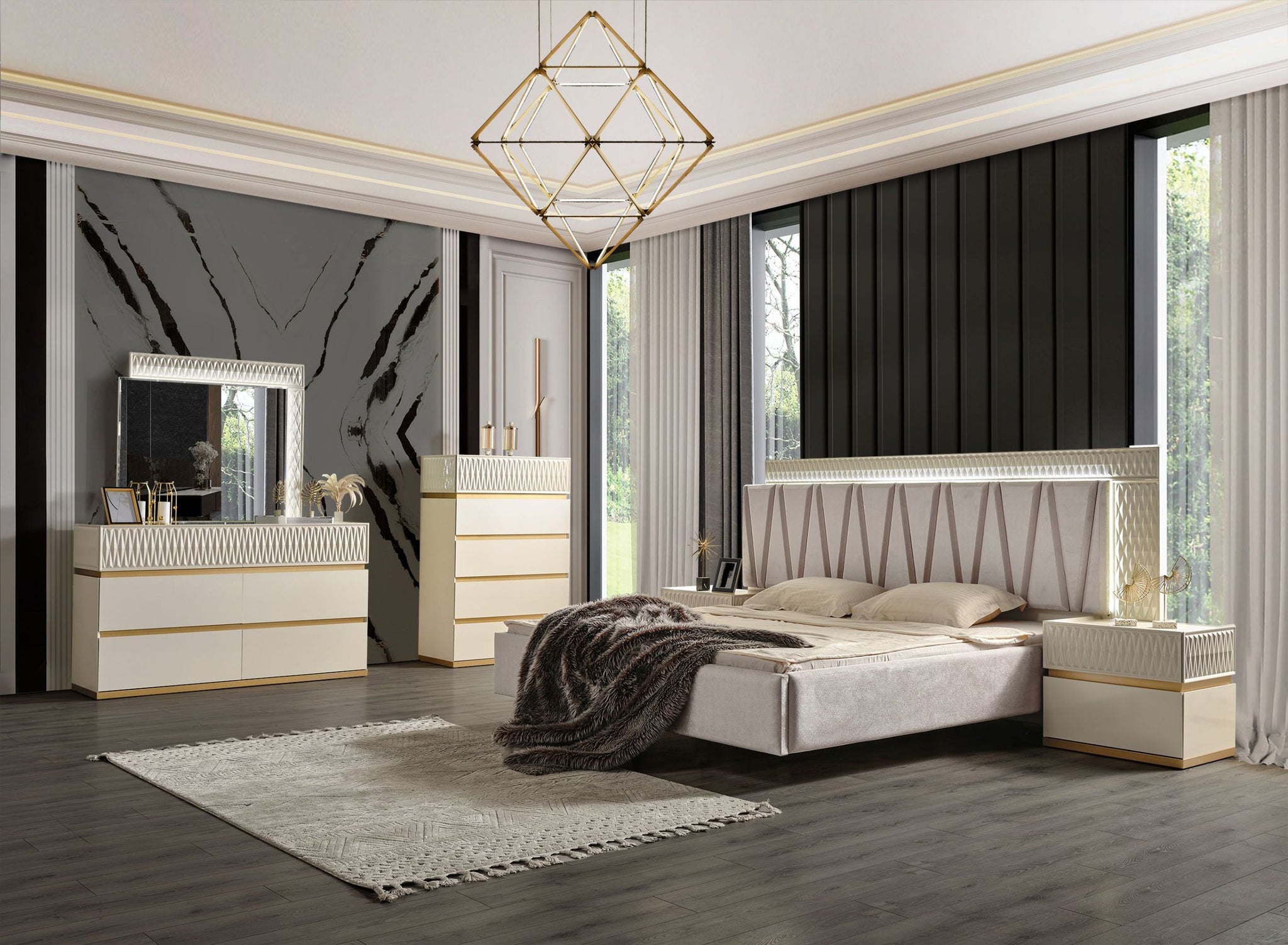 Delfano Modern Style 5 Pc Queen Bedroom Set Made With Wood In Beige Bo