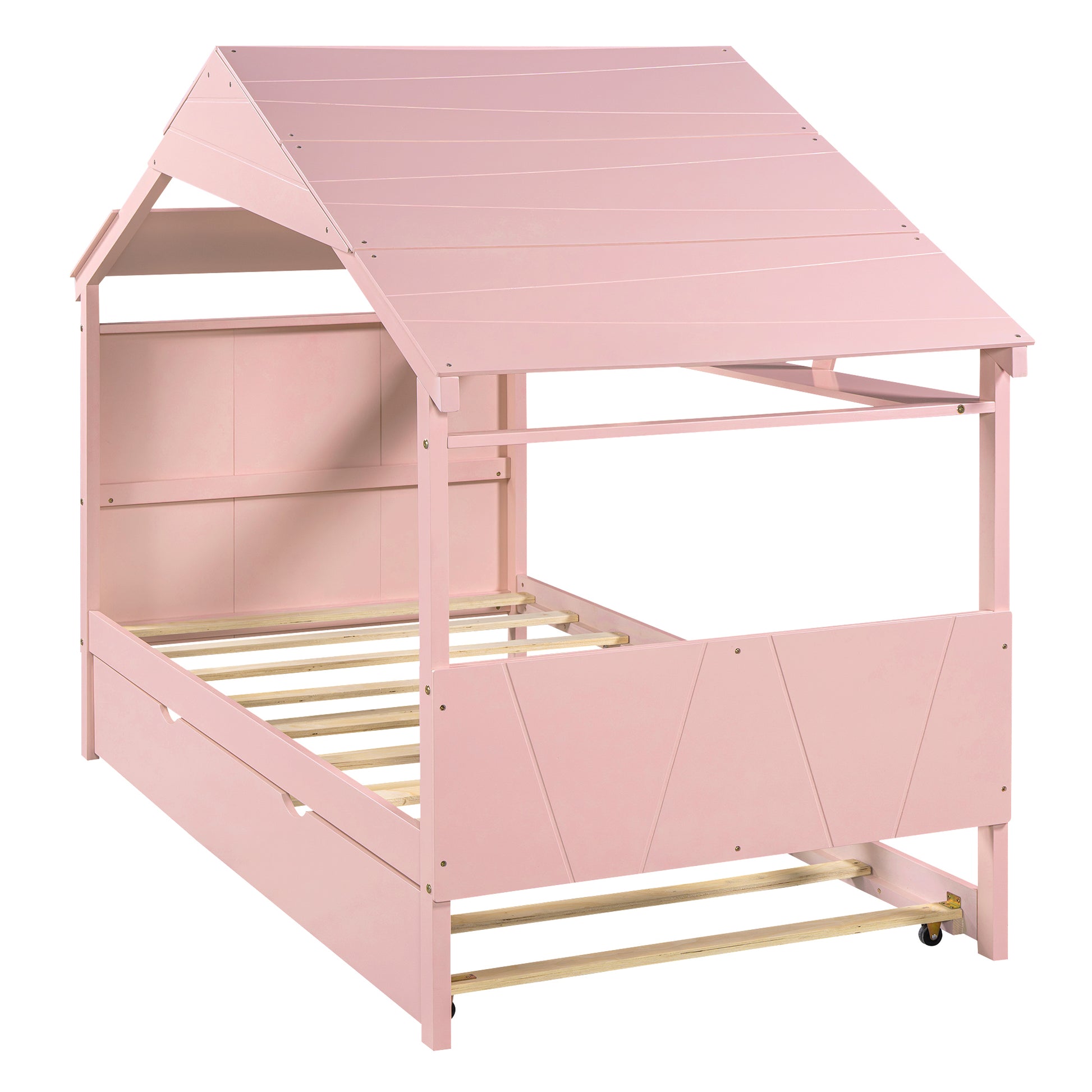 Wood Twin Size House Bed With Trundle And Storage, Pink Box Spring Not Required Twin Pink Wood Bedroom Bed Frame Solid Wood Mdf