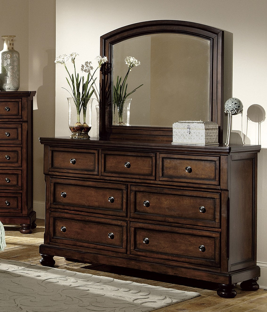 Classic Transitional Dresser Of 7 Drawers Brown Cherry Finish Birch Veneer Hidden Drawer Bun Feet Bedroom Traditional Furniture Brown Mix Bedroom Classic,Traditional,Transitional Wood