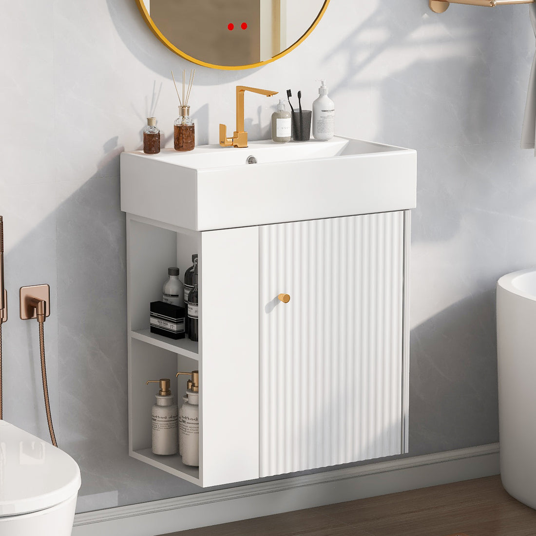 Video 21.6inch Modern Floating Bathroom Vanity with white-ceramic+mdf