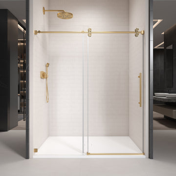 62'' 66'' W X 76'' H Single Sliding Frameless Shower Door With 3 8 Inch 10Mm Clear Glass In Brushed Gold Brushed Gold Stainless Steel