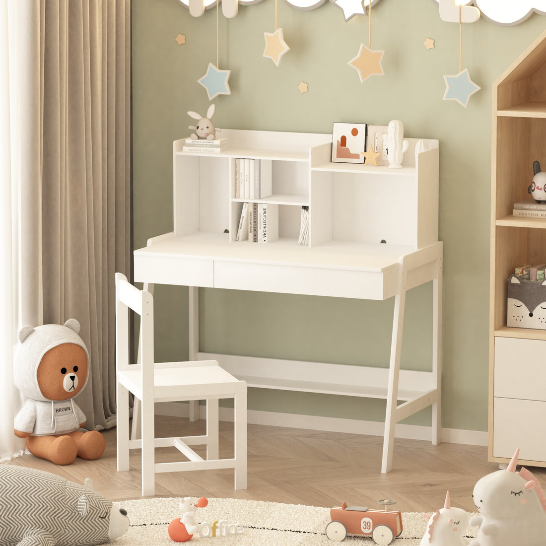 Modern Classic Desk, Children'S Desk, Solid Wood Desk, Bedroom Boy And Girl Family Desk And Chair Set, Compact, Multi Space Available, Multi Color Optional, Multi Storage Space, Color:White White Light Brown Desk And Chair Set Study Classic Pine