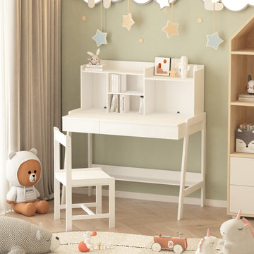 Modern Classic Desk, Children'S Desk, Solid Wood Desk, Bedroom Boy And Girl Family Desk And Chair Set, Compact, Multi Space Available, Multi Color Optional, Multi Storage Space, Color:White White Light Brown Desk And Chair Set Study Classic Pine