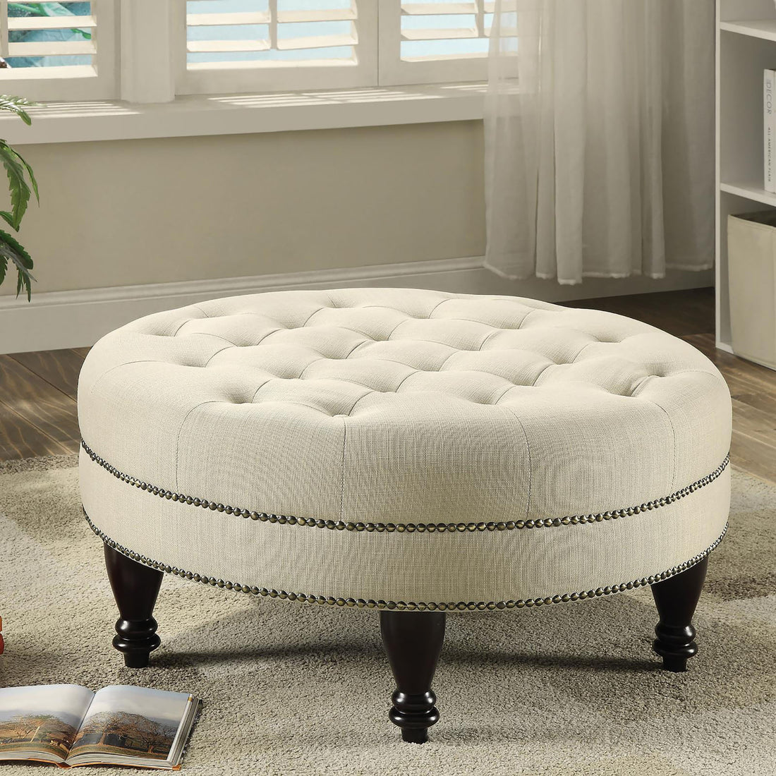 Oatmeal Cocktail Ottoman With Trim Beige Wood Primary Living Space Backless Traditional Rubberwood Round Armless Foam Tufted Upholstered