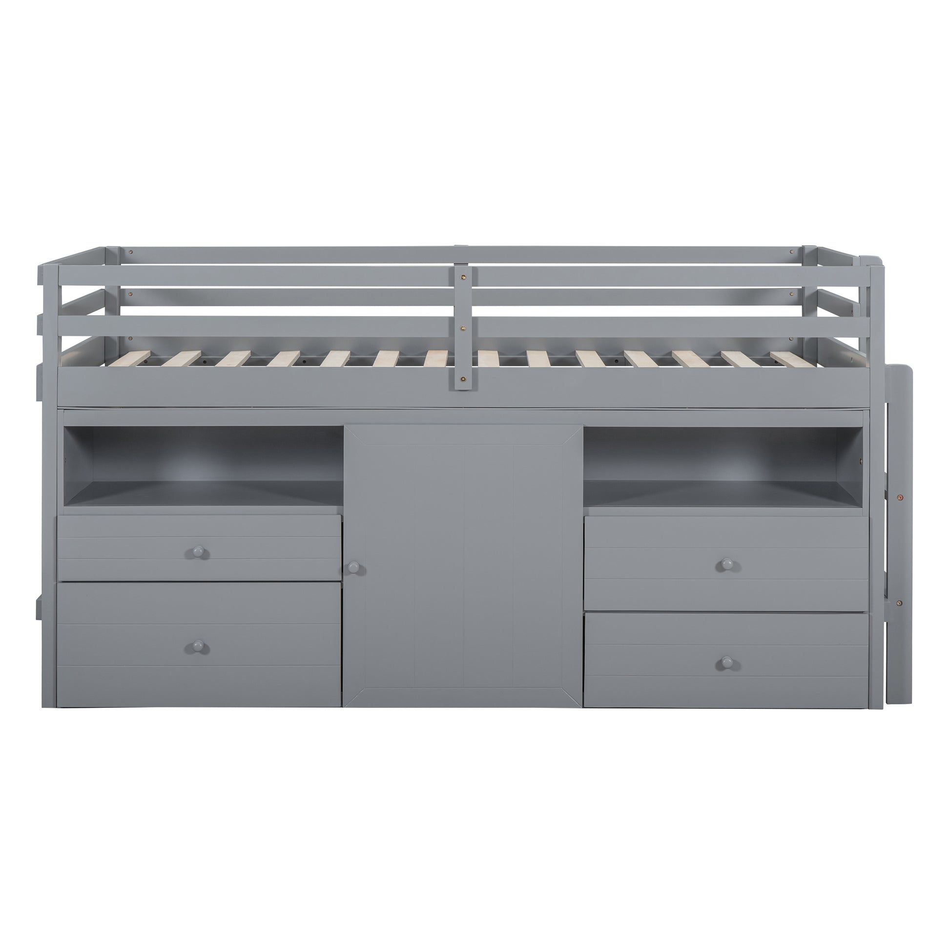 Twin Size Loft Bed With 4 Drawers, Underneath Cabinet And Shelves, Gray Gray Solid Wood Mdf