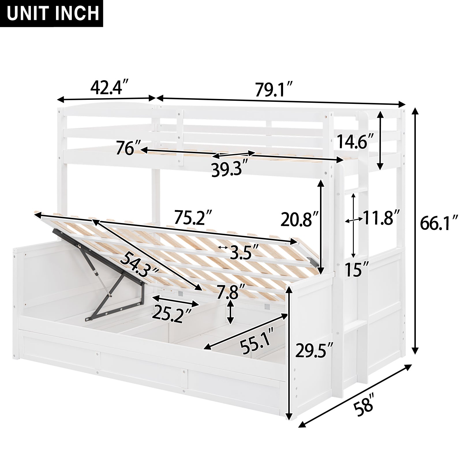 Wood Twin Over Full Bunk Bed With Hydraulic Lift Up Storage, White Box Spring Not Required White Wood Solid Wood Mdf