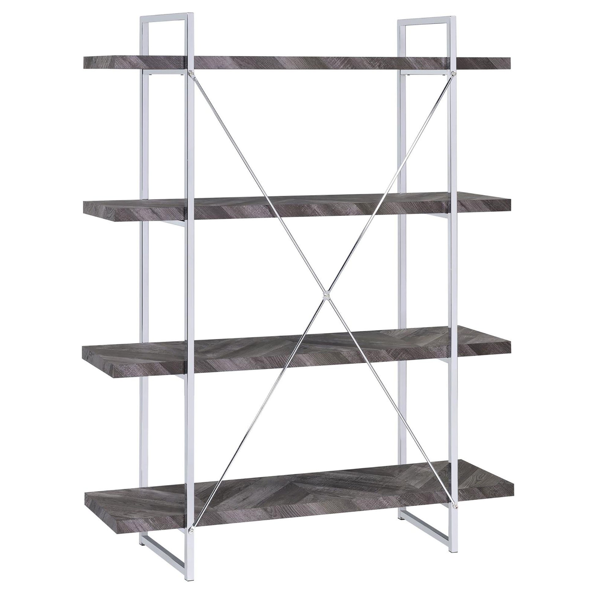 Rustic Grey Herringbone Bookcase With Full Length Shelf 4 Grey Gray Standard Horizontal Primary Living Space Open Back Wood Rustic Wood