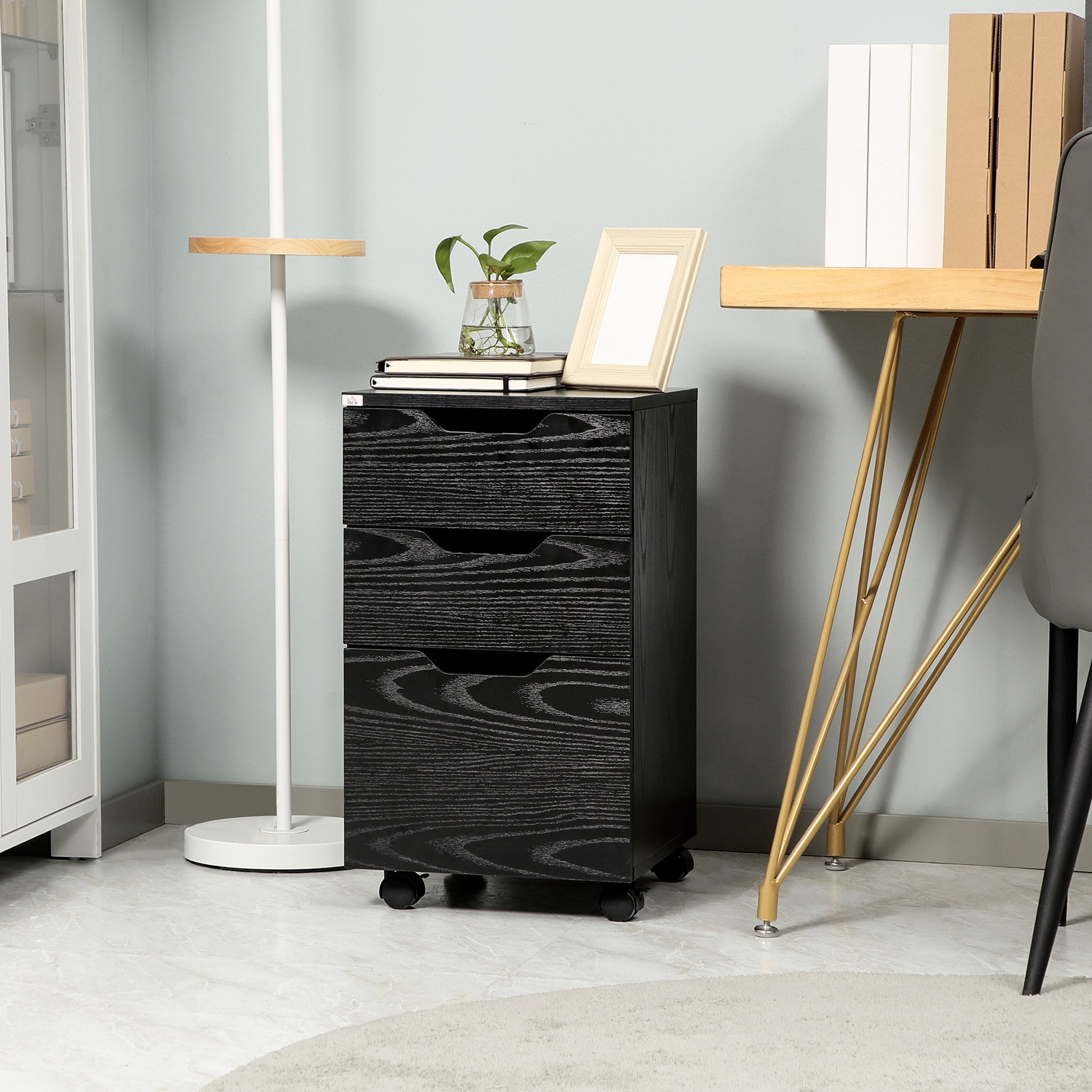 3 Drawer Office Storage Cabinet, Under Desk Cabinet With Wheels, Black Wood Grain Black Particle Board