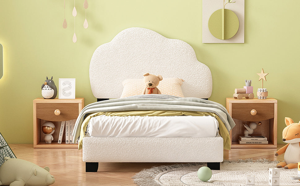 Twin Size Upholstered Boucle Fabric Platform Bed With Cloud Shaped Headboard White Upholstered