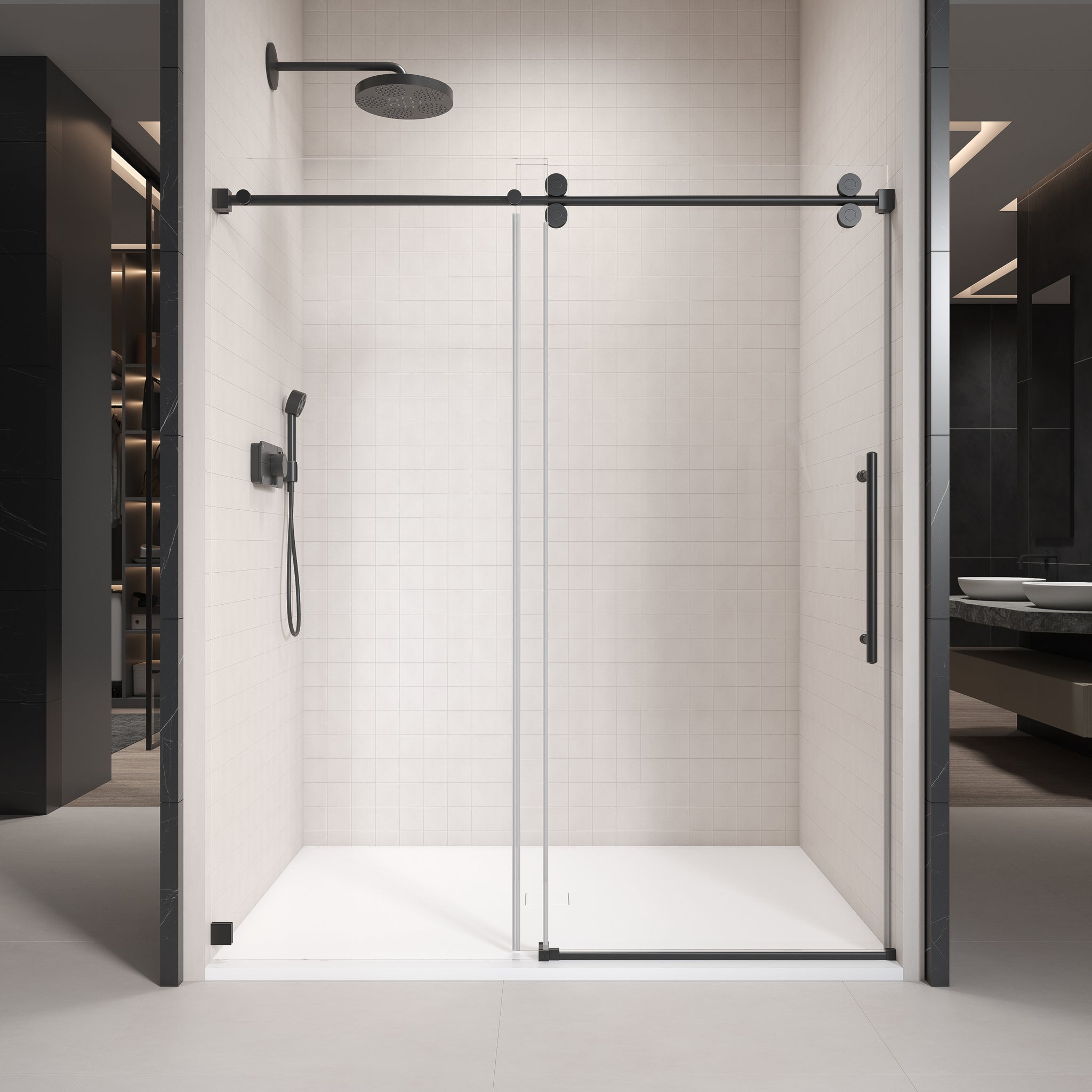 56'' 60'' W X 76'' H Single Sliding Frameless Shower Door With 3 8 Inch 10Mm Clear Glass In Matte Black Matte Black Stainless Steel