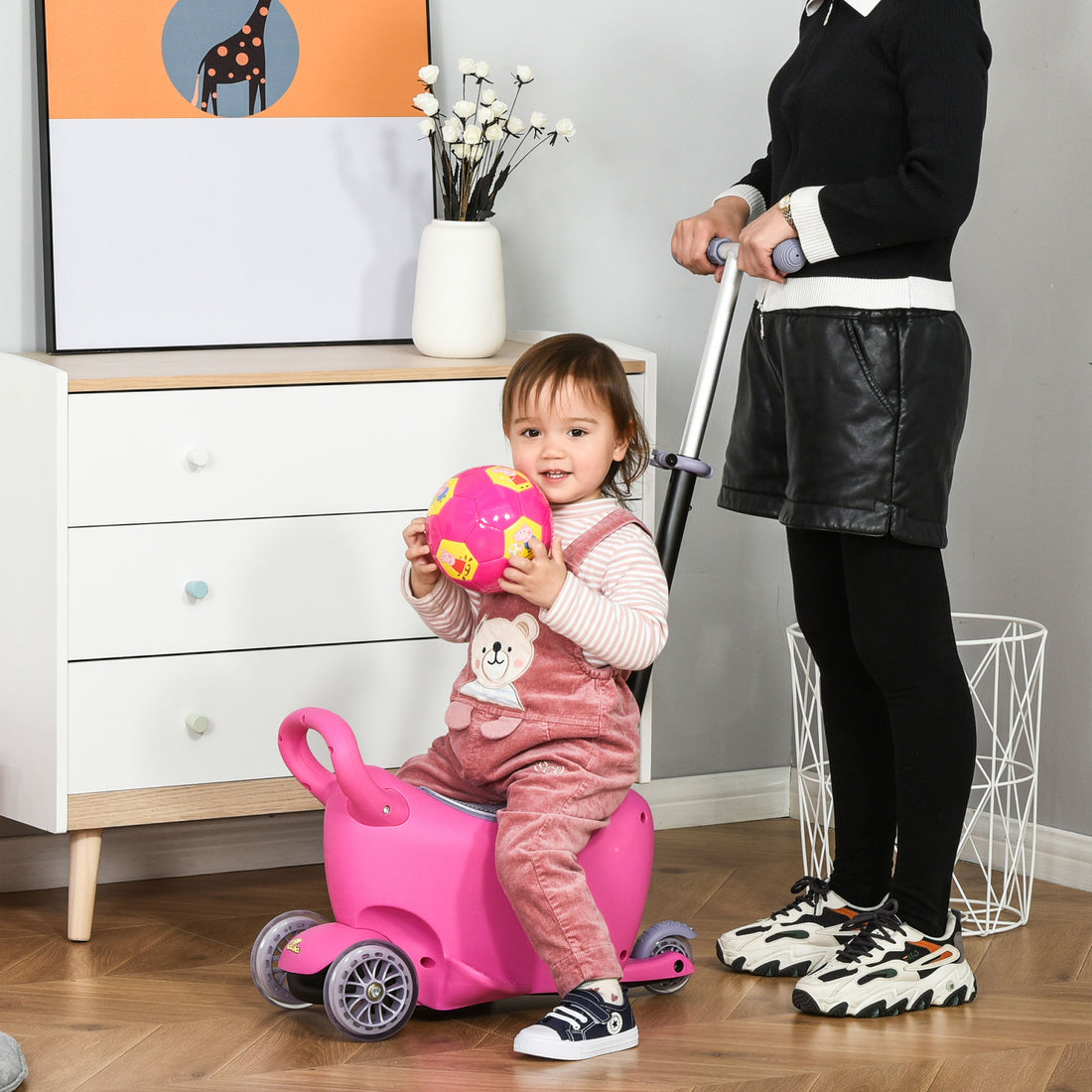 3 In 1 Ride On Push Car, Kids Scooter, Sliding Walker, Push Rider, With Adjustable Handlebar, 3 Balanced Wheels, Removable Storage Seat, For Boys And Girls Aged 2 6 Years Olds, Pink Pink Metal