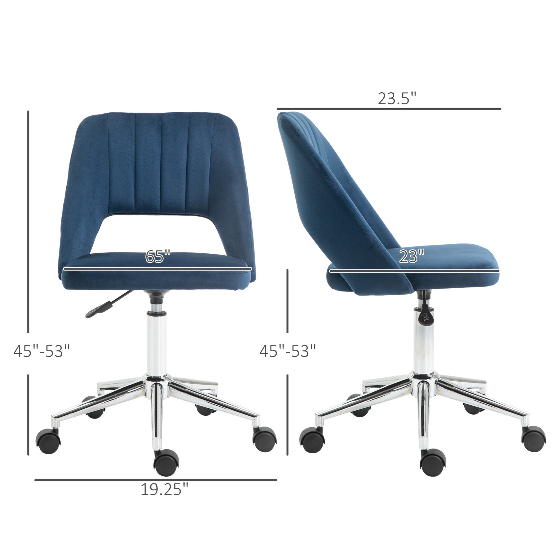 Modern Mid Back Office Chair With Velvet Fabric, Swivel Computer Armless Desk Chair With Hollow Back Design For Home Office, Blue Blue Polyester