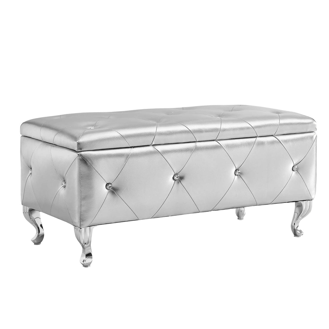 Upholstered Storage Ottoman Bench For Bedroom End Of Bed Faux Leather Rectangular Storage Benches Footrest With Crystal Buttons For Living Room Entryway Silver White Wood Bedroom Black Pattern Pine