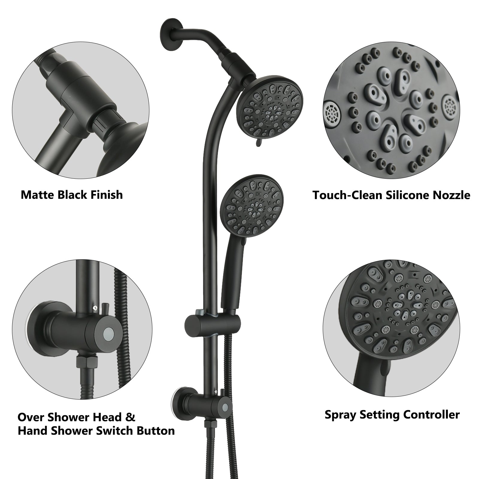 Drill Free Stainless Steel Slide Bar Combo Rain Showerhead 7 Setting Hand, Dual Shower Head Spa System Rough In Valve Included Matte Black Abs