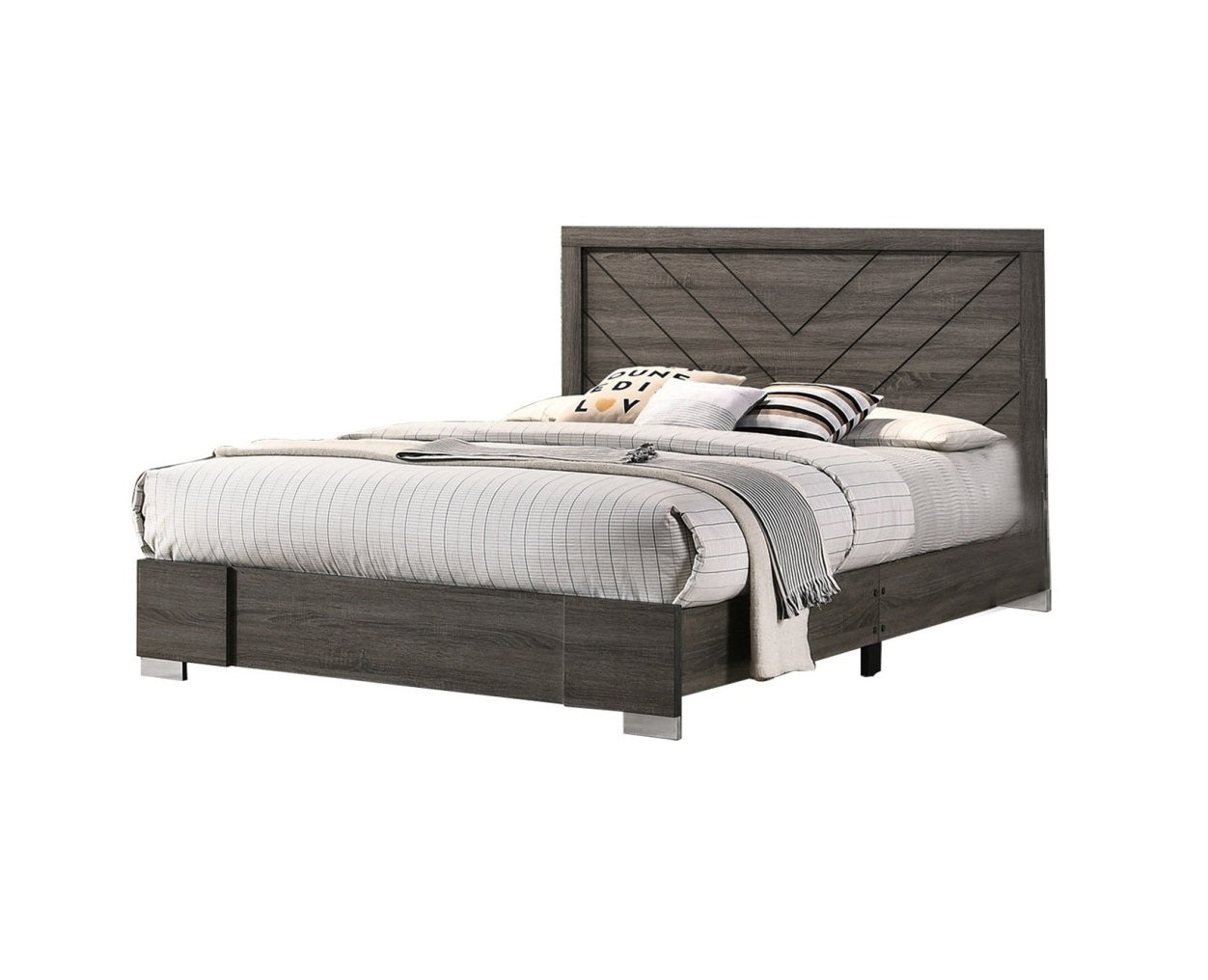 Contemporary Grey Finish Unique King Size Bed 1Pc Bedroom Furniture Unique Lines Headboard Wooden Box Spring Not Required King Gray Wood Bedroom Classic,Contemporary,Modern Bed Frame Solid Wood Mdf