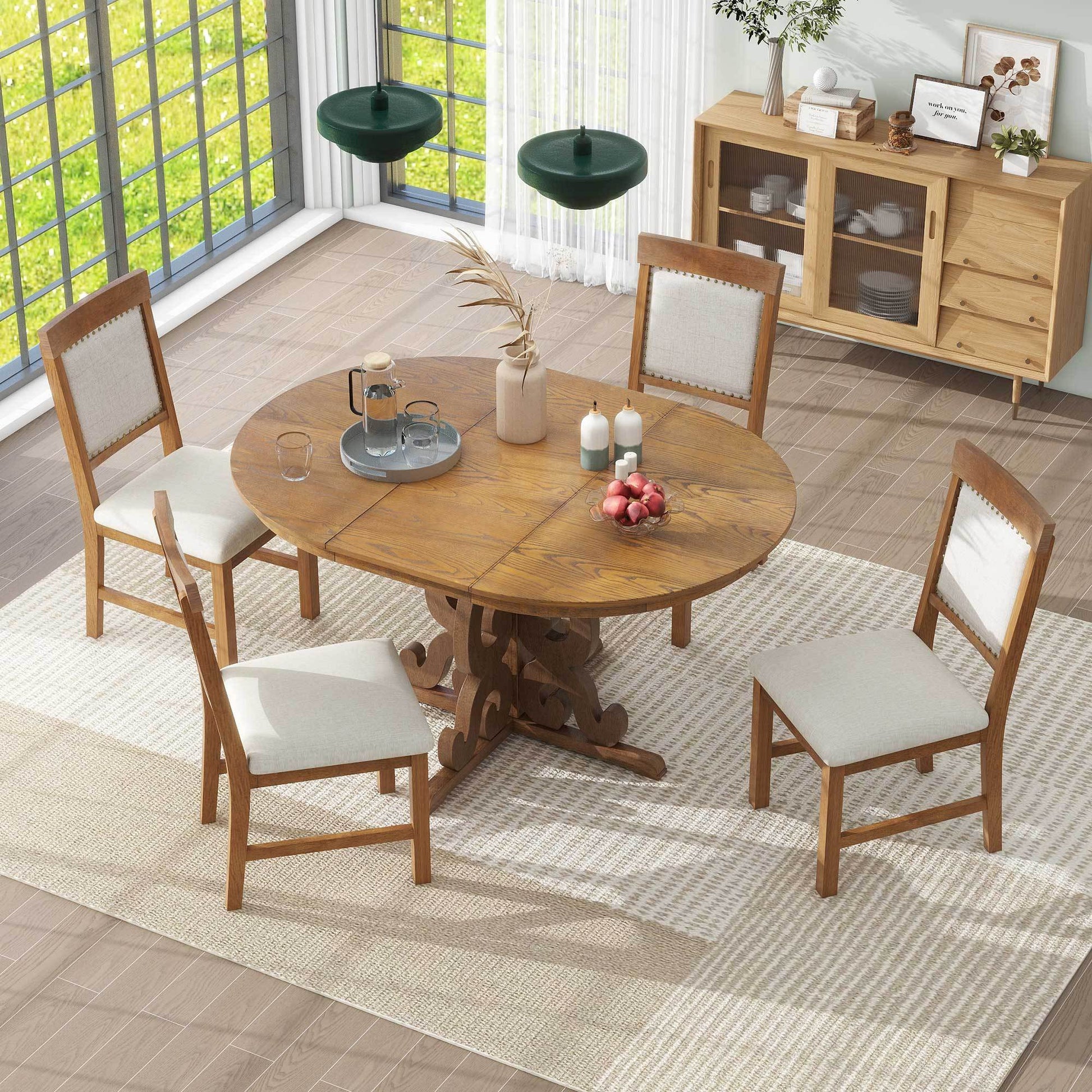 5 Piece Retro Functional Dining Set, 1 Extendable Table With A 16 Inch Leaf And 4 Upholstered Chairs For Dining Room And Kitchen Walnut Walnut Solid Wood