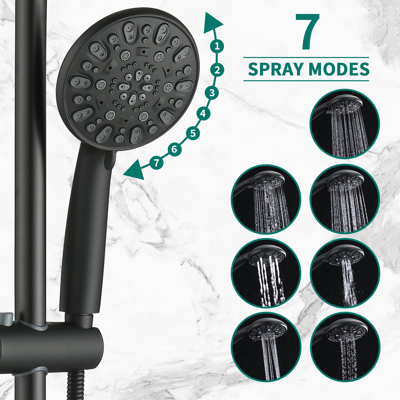 Drill Free Stainless Steel Slide Bar Combo Rain Showerhead 7 Setting Hand, Dual Shower Head Spa System With Tup Spout Rough In Valve Included Matte Black Abs