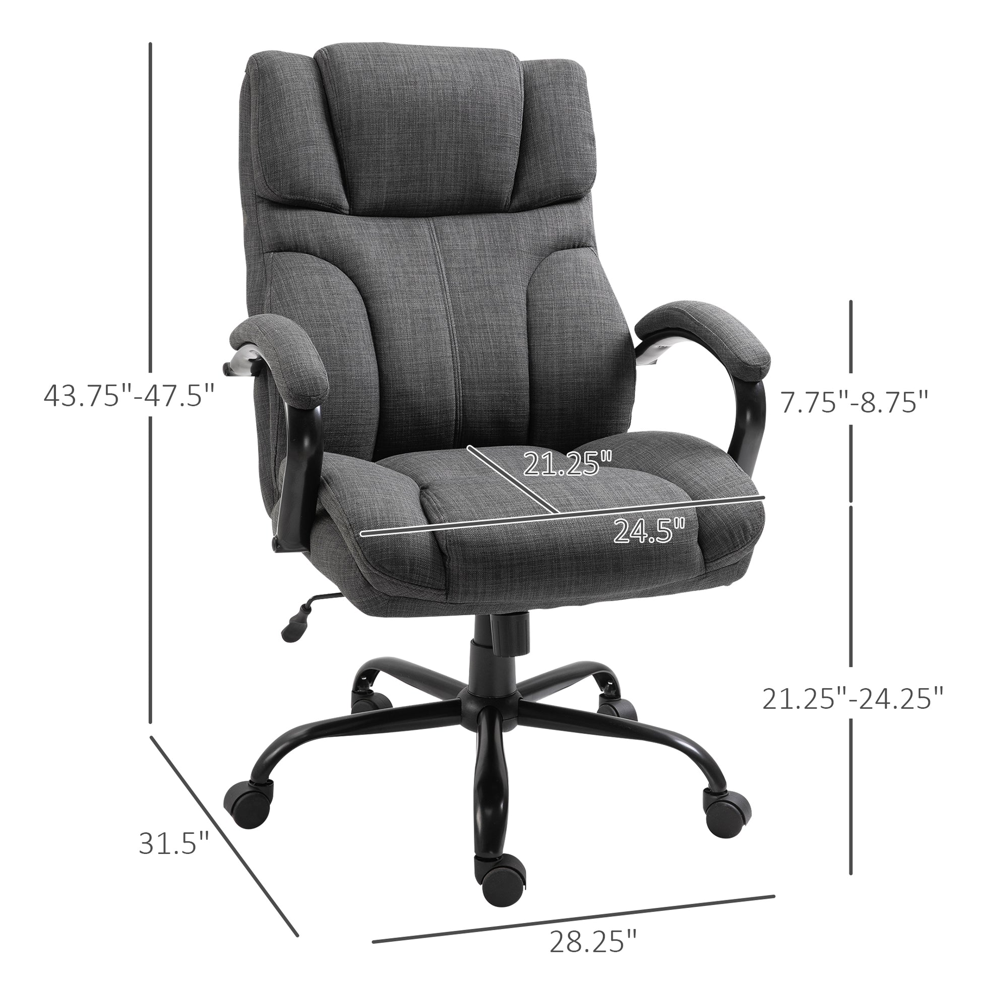 500Lbs Big And Tall Office Chair With Wide Seat, Ergonomic Executive Computer Chair With Adjustable Height, Swivel Wheels And Linen Finish, Dark Grey Grey Polyester