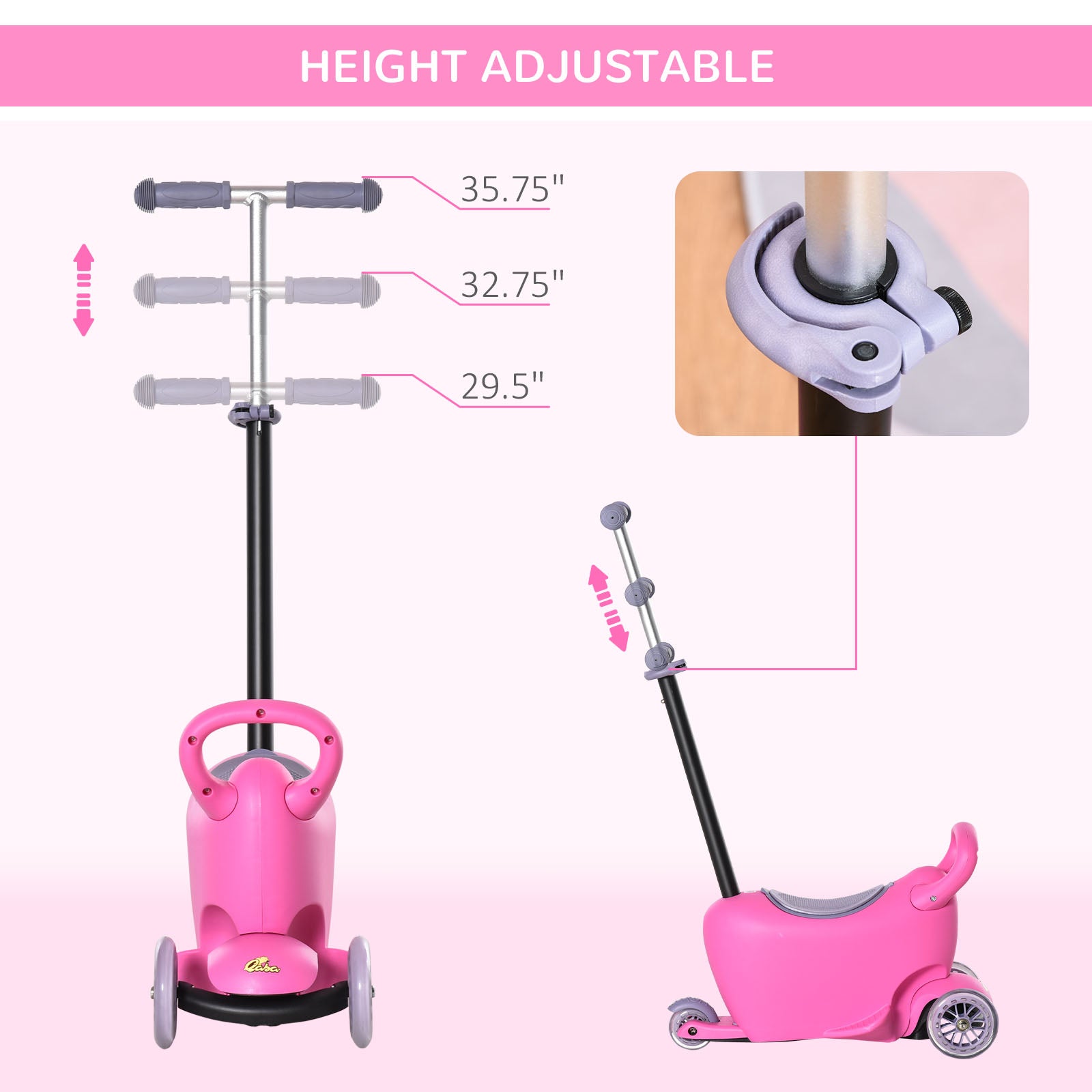 3 In 1 Ride On Push Car, Kids Scooter, Sliding Walker, Push Rider, With Adjustable Handlebar, 3 Balanced Wheels, Removable Storage Seat, For Boys And Girls Aged 2 6 Years Olds, Pink Pink Metal