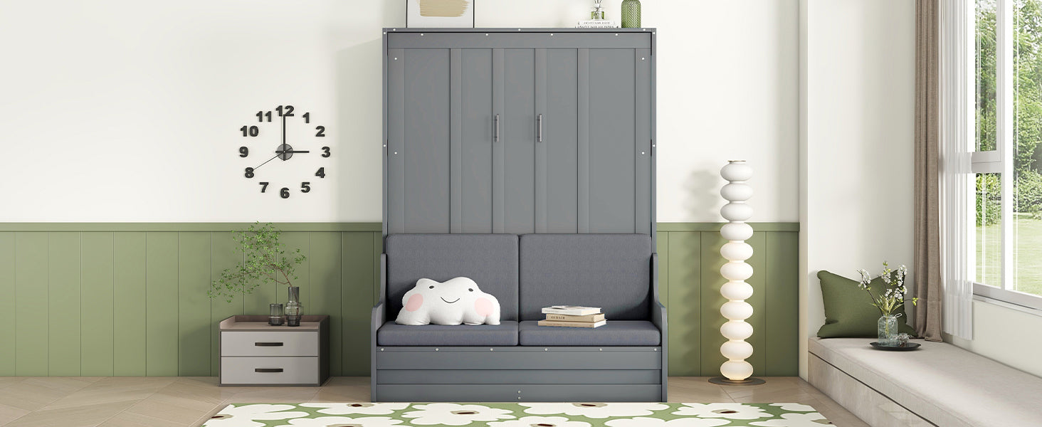 Queen Size Murphy Bed Wall Bed With Cushion,Gray Queen Gray Mdf Lvl