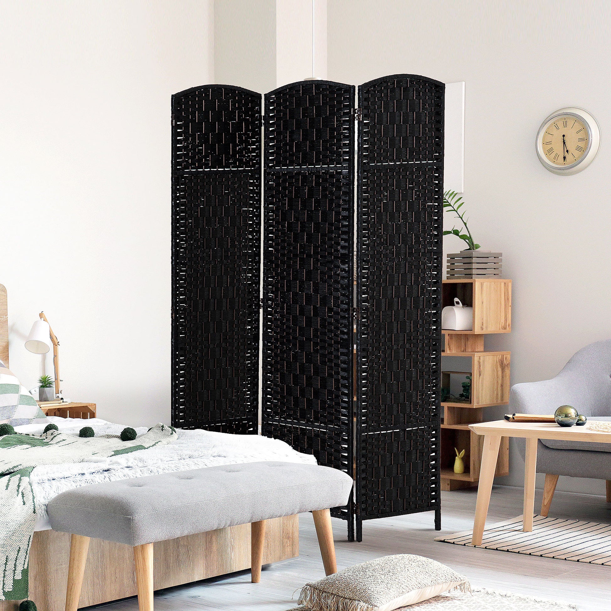 6' Tall Wicker Weave 3 Panel Room Divider Privacy Screen Black Black Wood