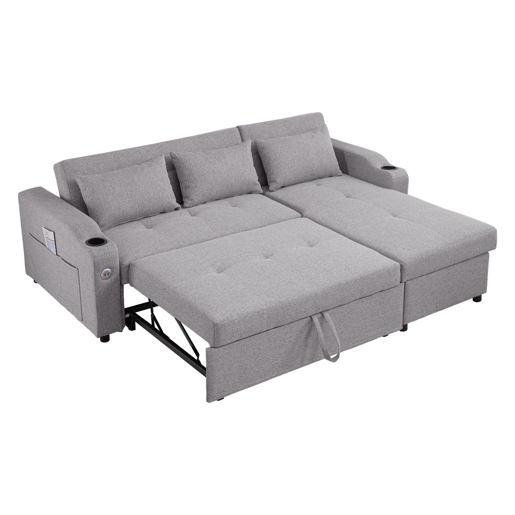 84"Adjustable Backrest Sofa Bed,3 In 1 Linen Sleeper With Usb Ports & Cup Holders, Pull Out Couch Bed With Storage Chaise,Convertible L Shaped Couch For Living Room Grey Linen Metal Primary Living