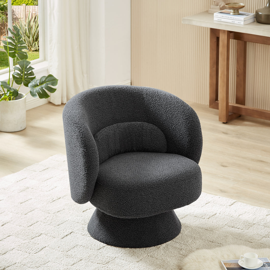 360 Degree Swivel Sherpa Accent Chair Modern Style Barrel Chair With Toss Pillows For Home Office, Living Room, Bedroom, Dark Grey Dark Gray Foam Fabric